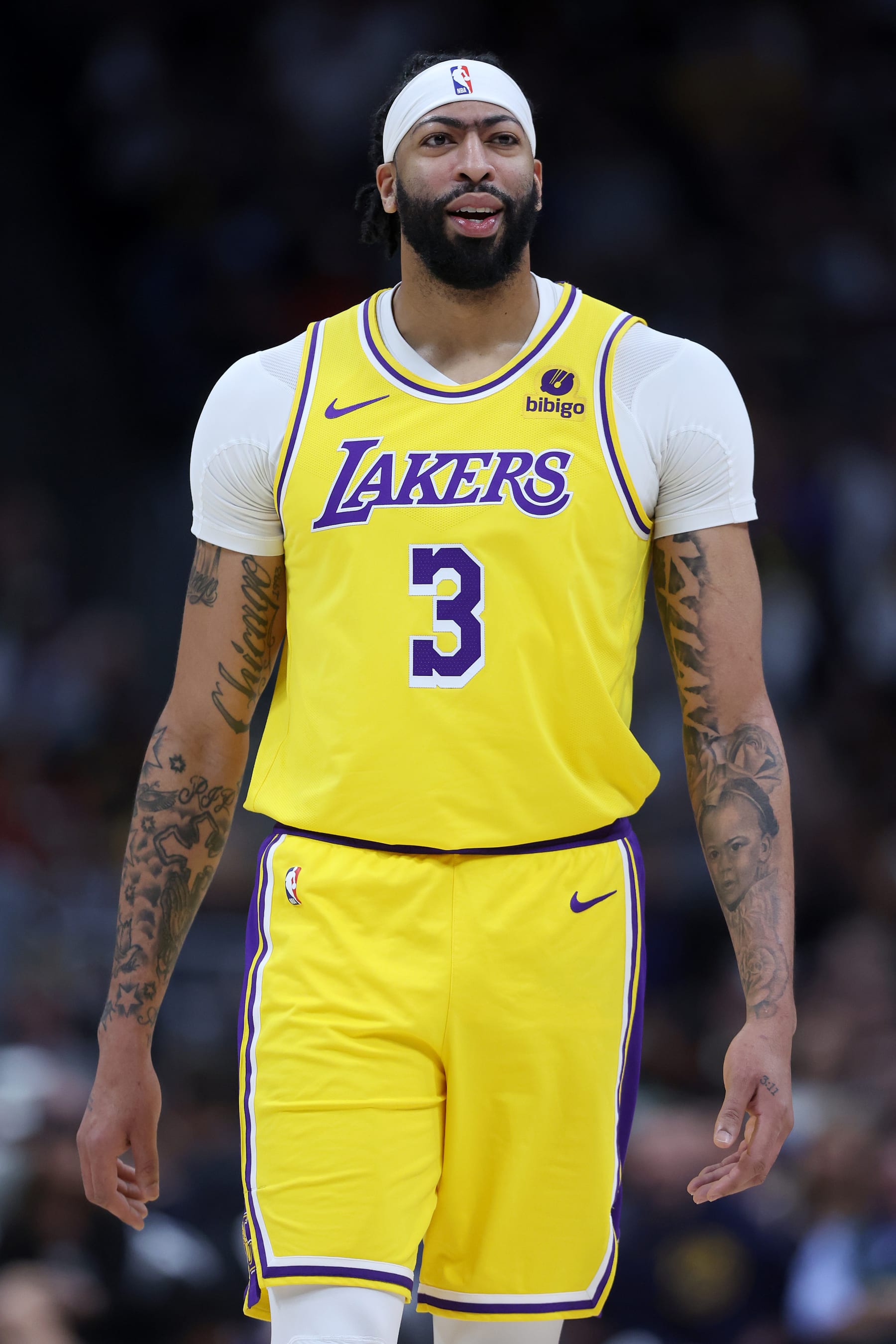 DENVER, COLORADO - APRIL 29: Anthony Davis #3 of the Los Angeles Lakers walks back to his bench while playing the Denver Nuggets in the first quarter during game five of the Western Conference First Round Playoffs at Ball Arena on April 29, 2024 in Denver, Colorado. NOTE TO USER: User expressly acknowledges and agrees that, by downloading and or using this photograph, User is consenting to the terms and conditions of the Getty Images License Agreement.  (Photo by Matthew Stockman/Getty Images)