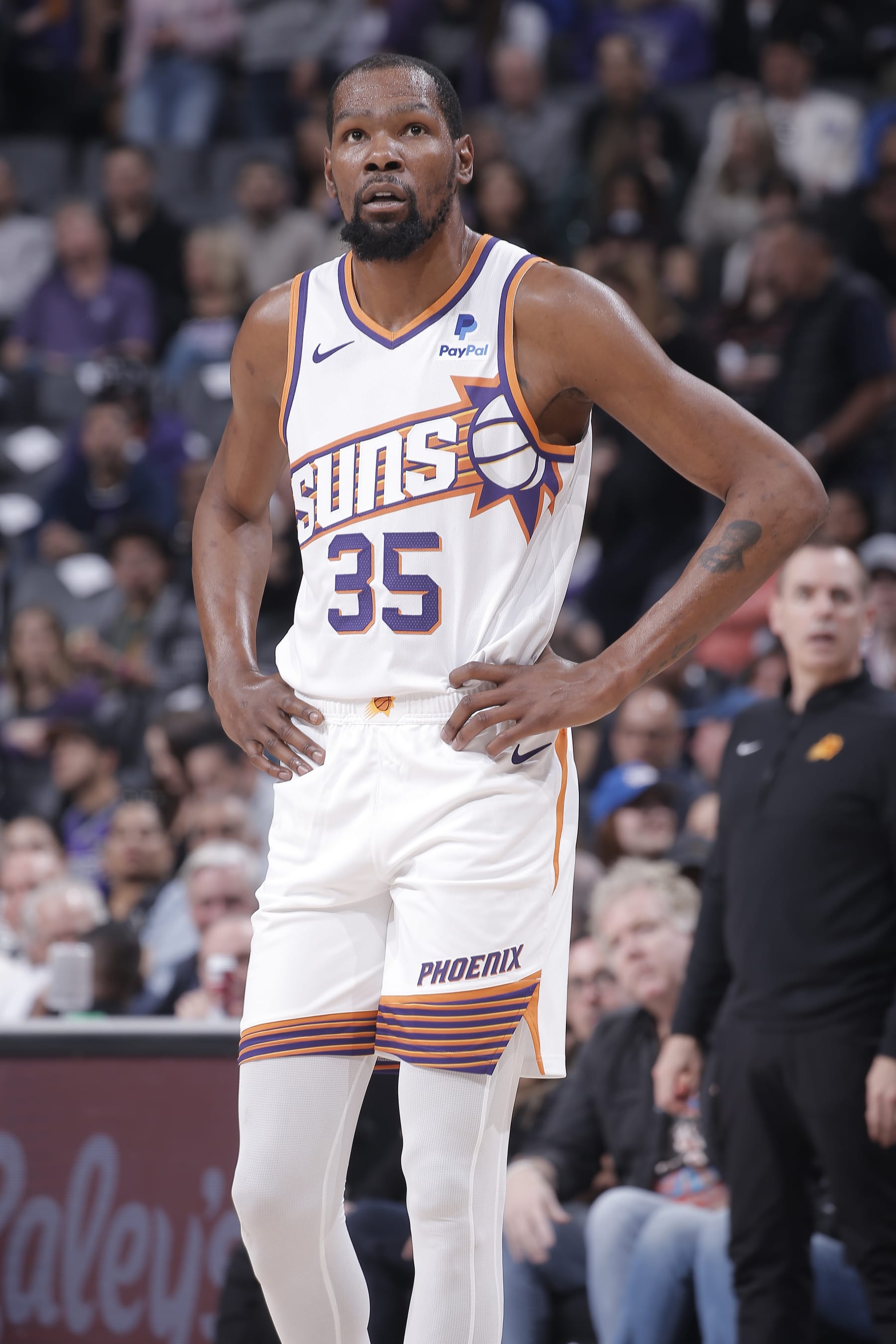 SACRAMENTO, CA - APRIL 12: Kevin Durant #35 of the Phoenix Suns looks on during the game against the Sacramento Kings on April 12, 2024 at Golden 1 Center in Sacramento, California. NOTE TO USER: User expressly acknowledges and agrees that, by downloading and or using this photograph, User is consenting to the terms and conditions of the Getty Images Agreement. Mandatory Copyright Notice: Copyright 2024 NBAE (Photo by Rocky Widner/NBAE via Getty Images)
