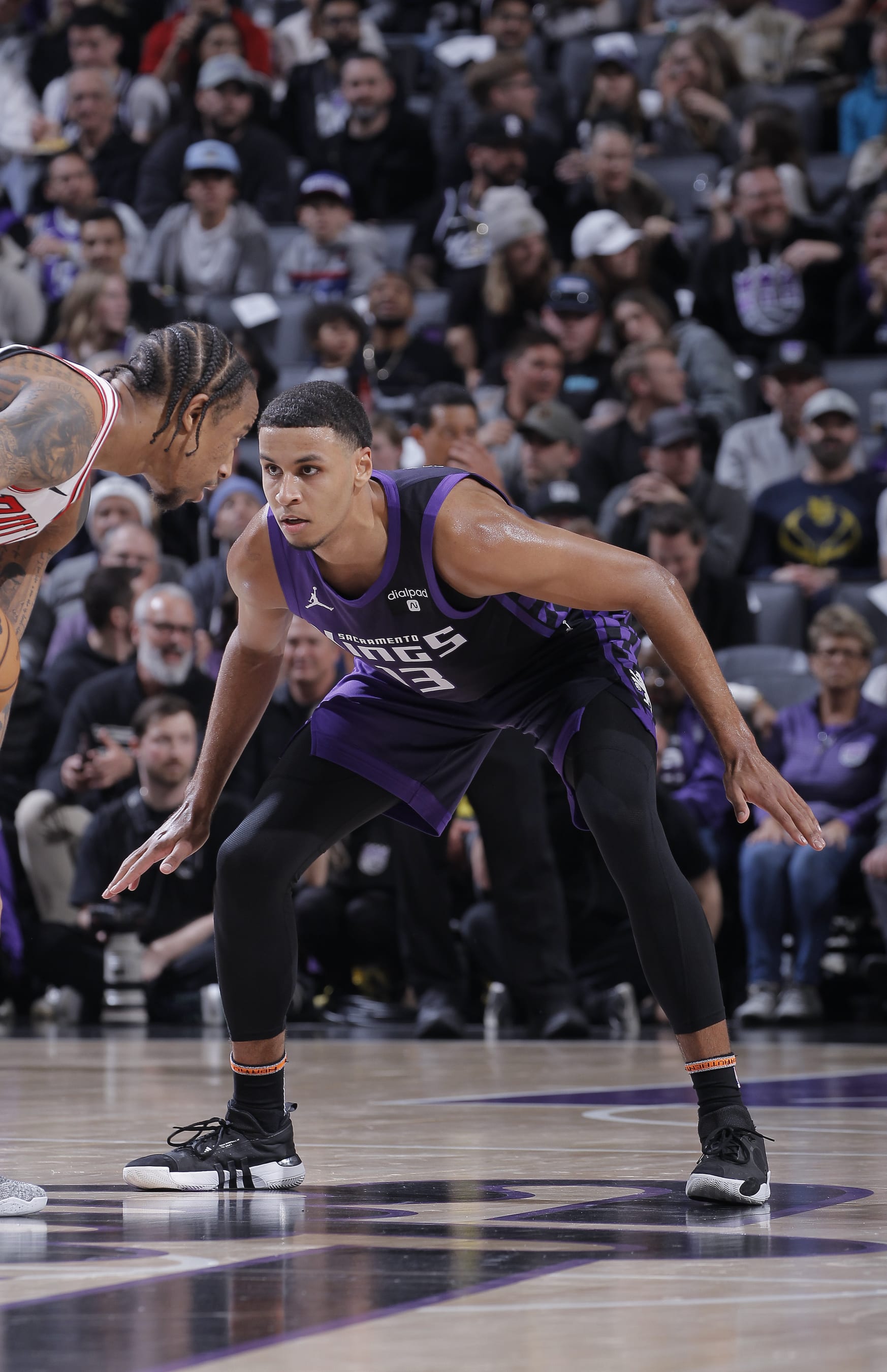 SACRAMENTO, CA - MARCH 4: Keegan Murray #13 of the Sacramento Kings defends against DeMar DeRozan #11 of the Chicago Bulls during the game on March 4, 2024 at Golden 1 Center in Sacramento, California. NOTE TO USER: User expressly acknowledges and agrees that, by downloading and or using this photograph, User is consenting to the terms and conditions of the Getty Images Agreement. Mandatory Copyright Notice: Copyright 2024 NBAE (Photo by Rocky Widner/NBAE via Getty Images)