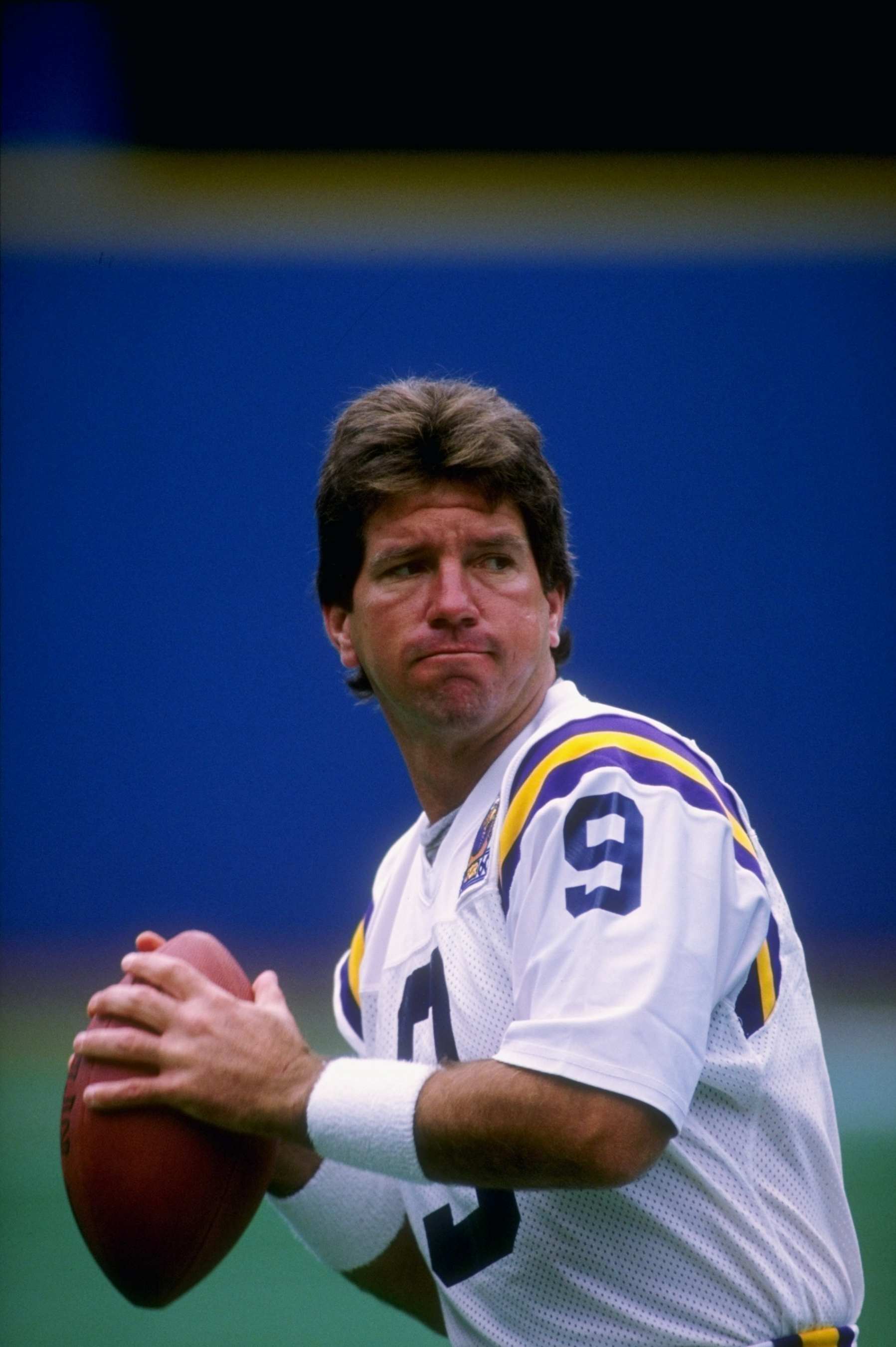 Quarterback Tommy Kramer of the Minnesota Vikings practices passing the ball prior to a game against the Pittsburgh Steelers at Three River Stadium in Pittsburgh, Pennsylvania. The Steelers won the game 27-14.