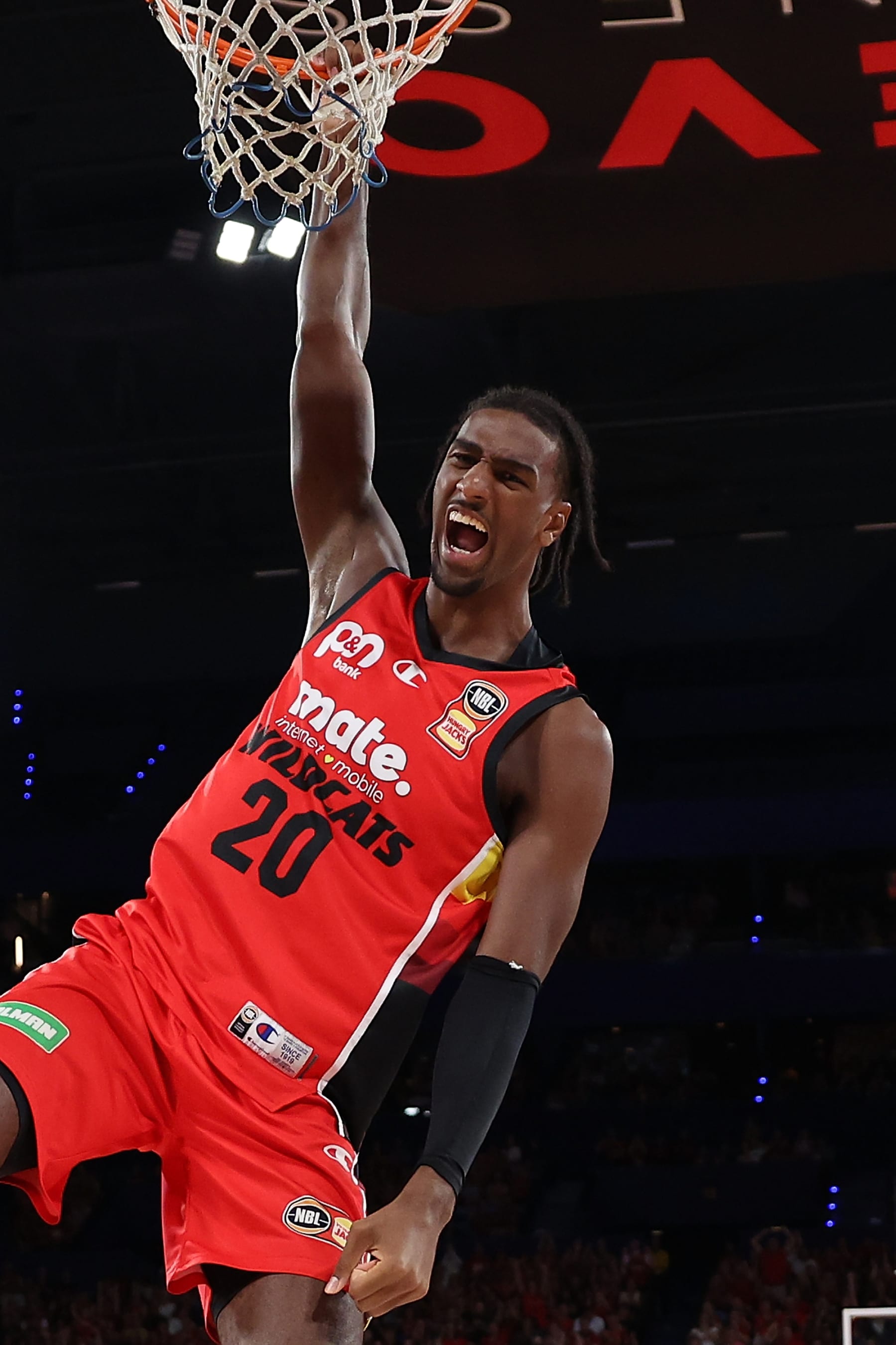 PERTH, AUSTRALIA - MARCH 08: Alex Sarr of the Wildcats dunks  during game one of the NBL Semifinal series between Perth Wildcats and Tasmania Jackjumpers at RAC Arena, on March 08, 2024, in Perth, Australia. (Photo by Paul Kane/Getty Images)