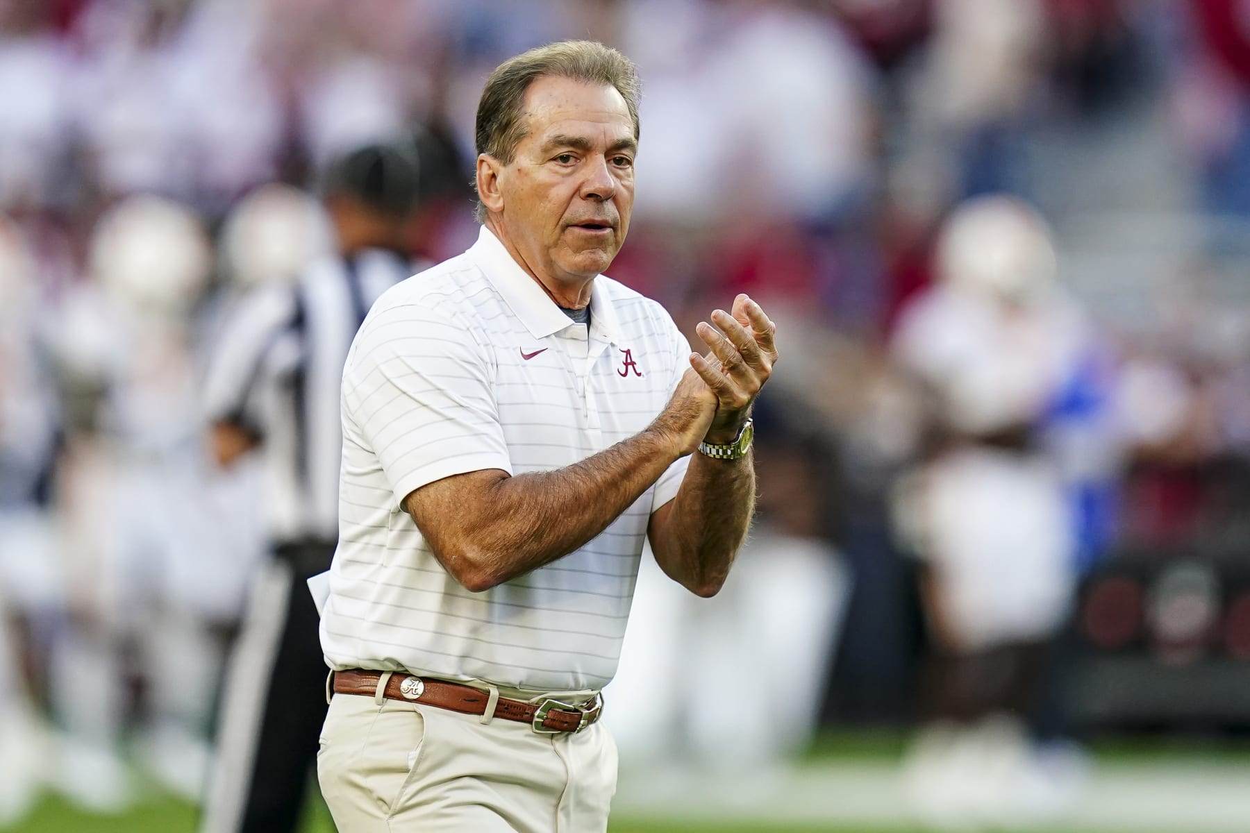 TUSCALOOSA, ALABAMA - OCTOBER 23: Head coach Nick Saban of the Alabama Crimson Tide prior to the game against Tennessee Volunteers at Bryant-Denny Stadium on October 23, 2021 in Tuscaloosa, Alabama. (Photo by Marvin Gentry/Getty Images)