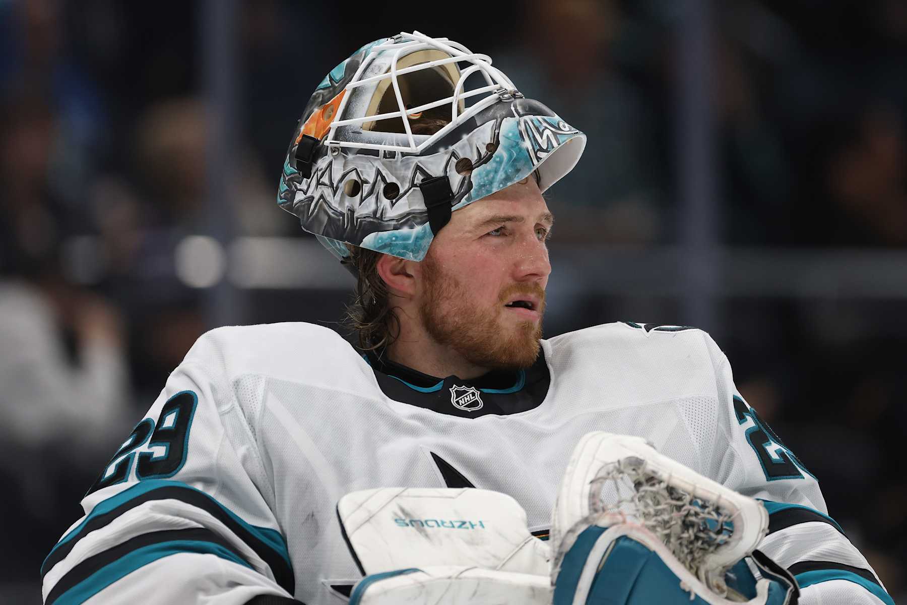 SEATTLE, WASHINGTON - NOVEMBER 30: Mackenzie Blackwood #29 of the San Jose Sharks looks on during the second period against the Seattle Kraken at Climate Pledge Arena on November 30, 2024 in Seattle, Washington. (Photo by Steph Chambers/Getty Images)