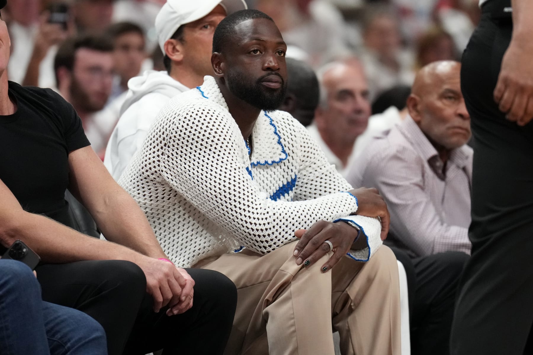 MIAMI, FL - JUNE 7: Dwyane Wade attends Game Three of the 2023 NBA Finals between the Denver Nuggets and Miami Heat on June 7, 2023 at Kaseya Center in Miami, Florida. NOTE TO USER: User expressly acknowledges and agrees that, by downloading and or using this Photograph, user is consenting to the terms and conditions of the Getty Images License Agreement. Mandatory Copyright Notice: Copyright 2023 NBAE (Photo by Jesse D. Garrabrant/NBAE via Getty Images)