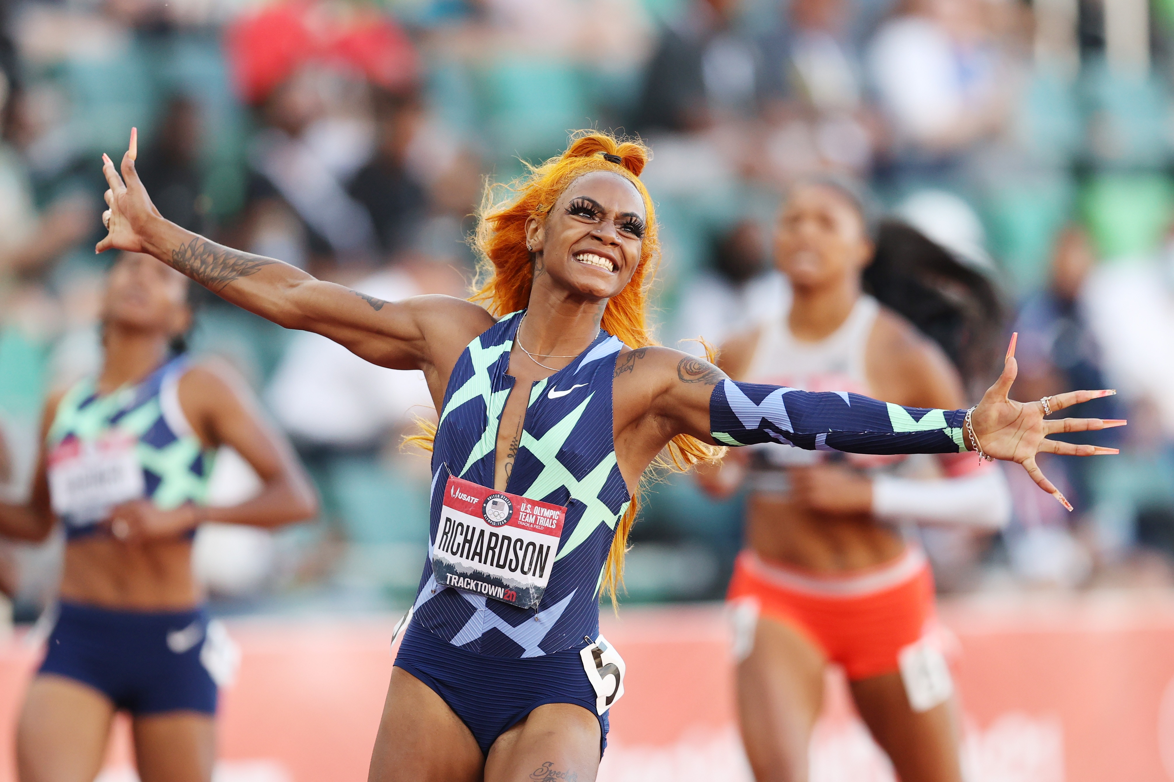 EUGENE, OREGON - JUNE 19: Sha'Carri Richardson celebrates winning the Women's 100 Meter final on day 2 of the 2020 U.S. Olympic Track & Field Team Trials at Hayward Field on June 19, 2021 in Eugene, Oregon. (Photo by Patrick Smith/Getty Images)