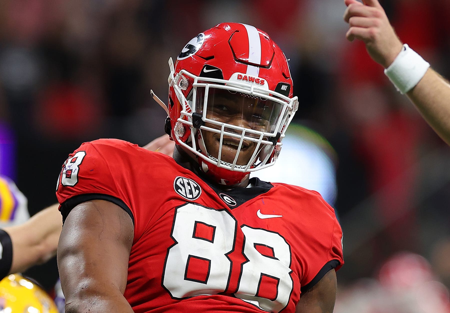 ATLANTA, GEORGIA - DECEMBER 03:  Jalen Carter #88 of the Georgia Bulldogs in action against the LSU Tigers during the SEC Championship at Mercedes-Benz Stadium on December 03, 2022 in Atlanta, Georgia. (Photo by Kevin C. Cox/Getty Images)