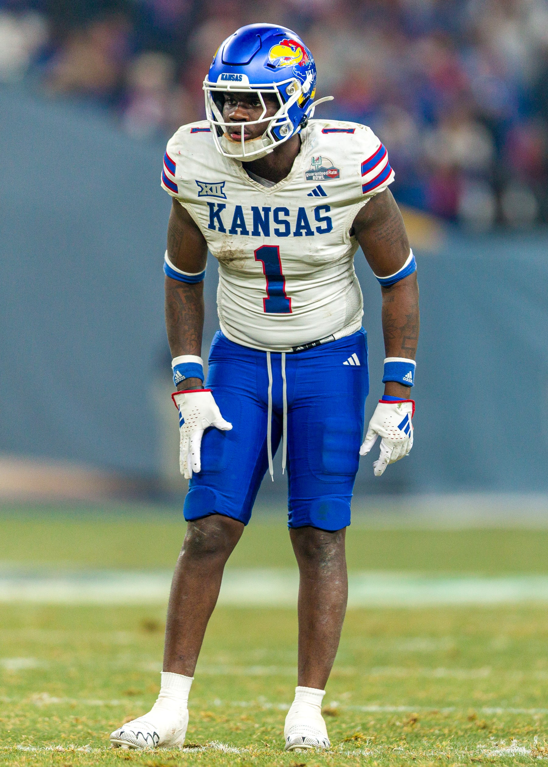 PHOENIX, AZ - DECEMBER 26:  Kansas Jayhawks safety Kenny Logan Jr. (1) sets up for a play during the Guaranteed Rate Bowl college football game between the Kansas Jayhawks and UNLV Rebels on Tuesday, December 26, 2023 at Chase Field in Phoenix, AZ. (Photo by Adam Bow/Icon Sportswire via Getty Images)