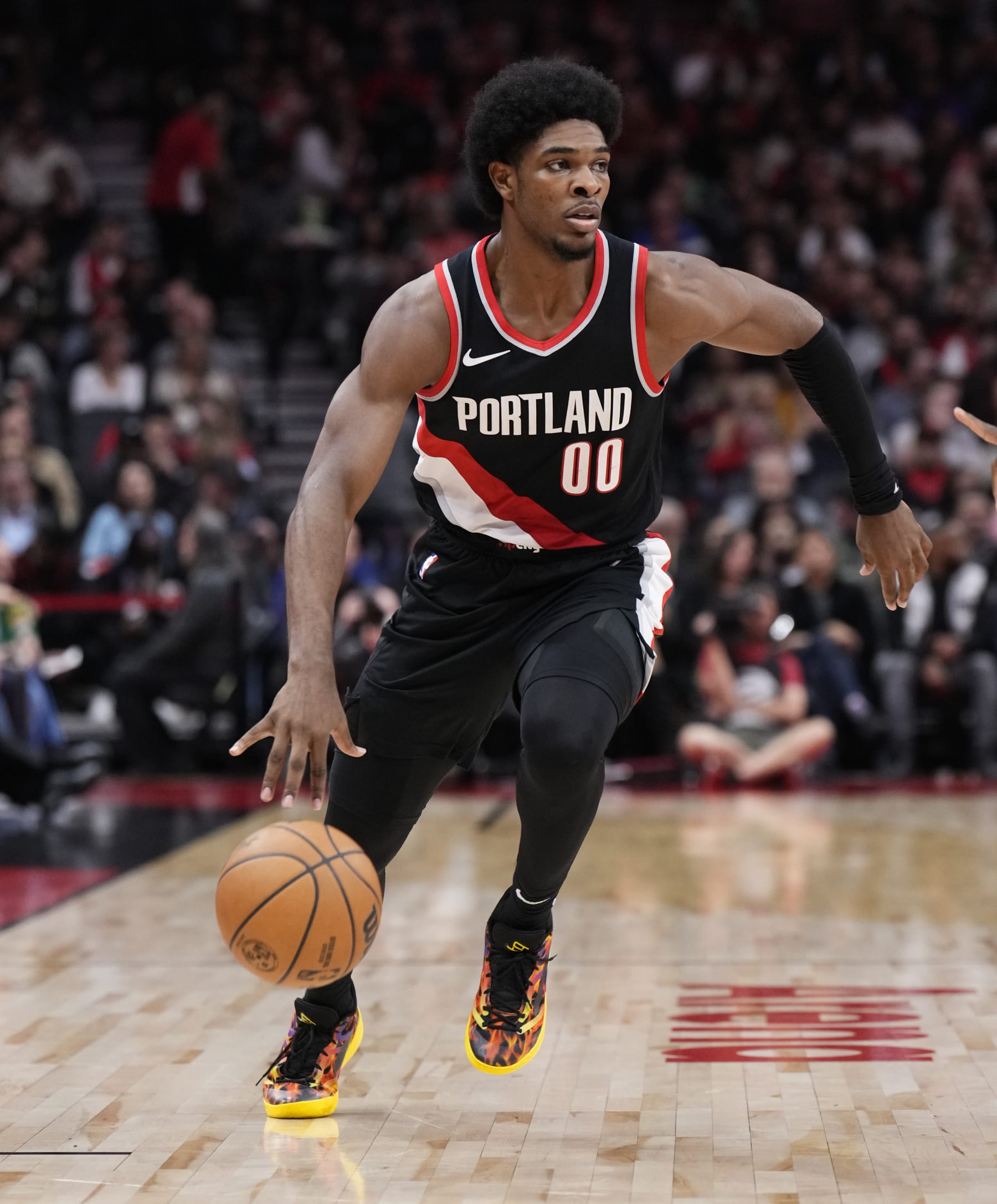 TORONTO, ON - OCTOBER 30: Scoot Henderson #00 of the Portland Trail Blazers dribbles against the Toronto Raptors during the first half of their basketball game at the Scotiabank Arena on October 30, 2023 in Toronto, Ontario, Canada. NOTE TO USER: User expressly acknowledges and agrees that, by downloading and/or using this Photograph, user is consenting to the terms and conditions of the Getty Images License Agreement. (Photo by Mark Blinch/Getty Images)