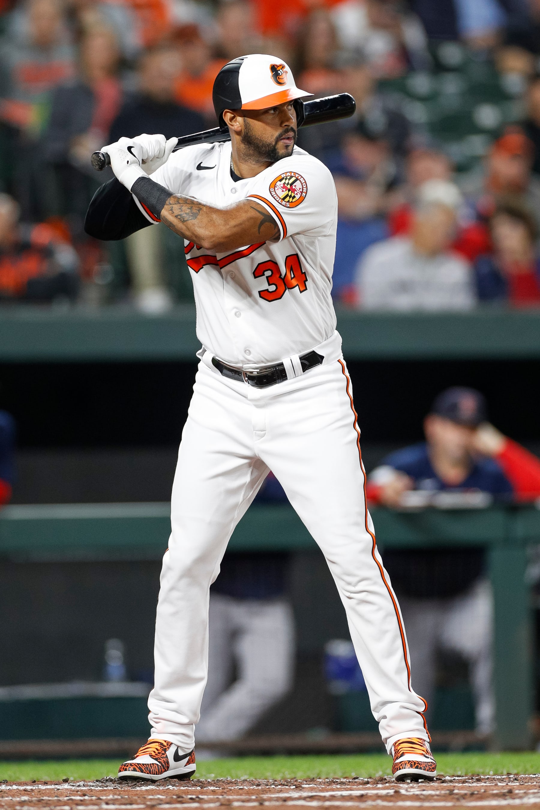 BALTIMORE, MARYLAND - SEPTEMBER 28: Aaron Hicks #34 of the Baltimore Orioles bats in the second inning against the Boston Red Sox at Oriole Park at Camden Yards on September 28, 2023 in Baltimore, Maryland. (Photo by Brandon Sloter/Image Of Sport/Getty Images)