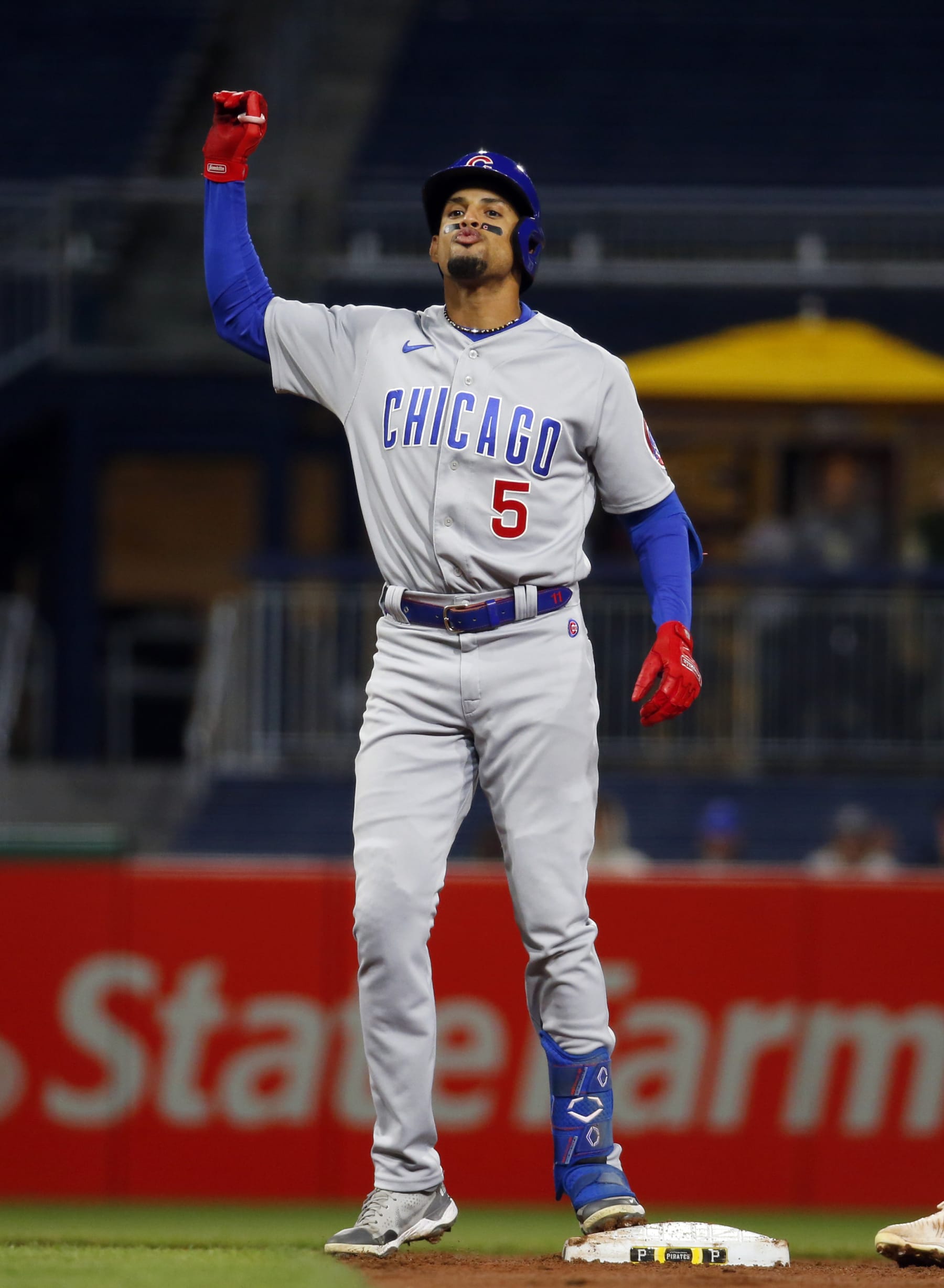 PITTSBURGH, PA - SEPTEMBER 22:  Christopher Morel #5 of the Chicago Cubs reacts after hitting a two RBI double in the second inning against the Pittsburgh Pirates during the game at PNC Park on September 22, 2022 in Pittsburgh, Pennsylvania.  (Photo by Justin K. Aller/Getty Images)