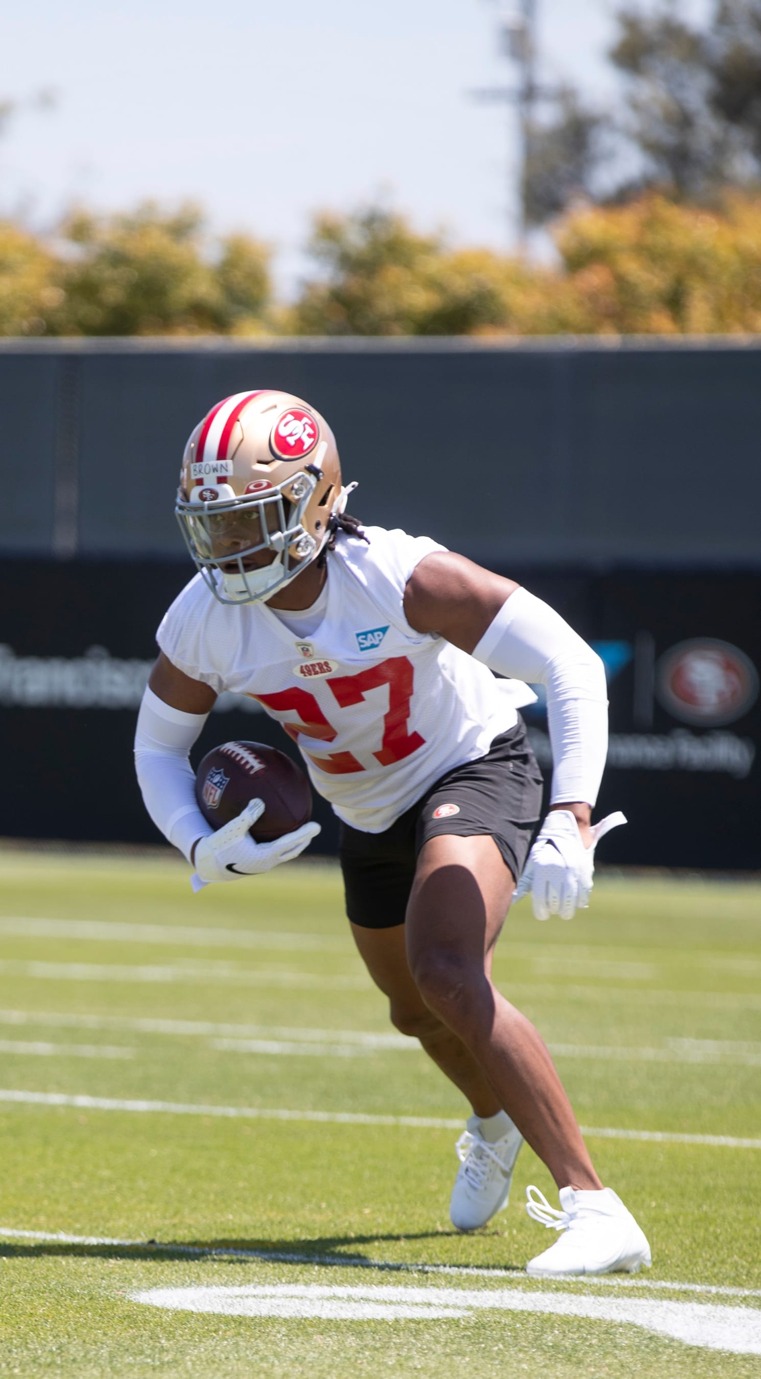 SANTA CLARA, CA - MAY 12: Ji'Ayir Brown #27 of the San Francisco 49ers during rookie training camp at the SAP Performance Facility on May 12, 2023 in Santa Clara, California.  (Photo by Michael Zagaris/San Francisco 49ers/Getty Images)