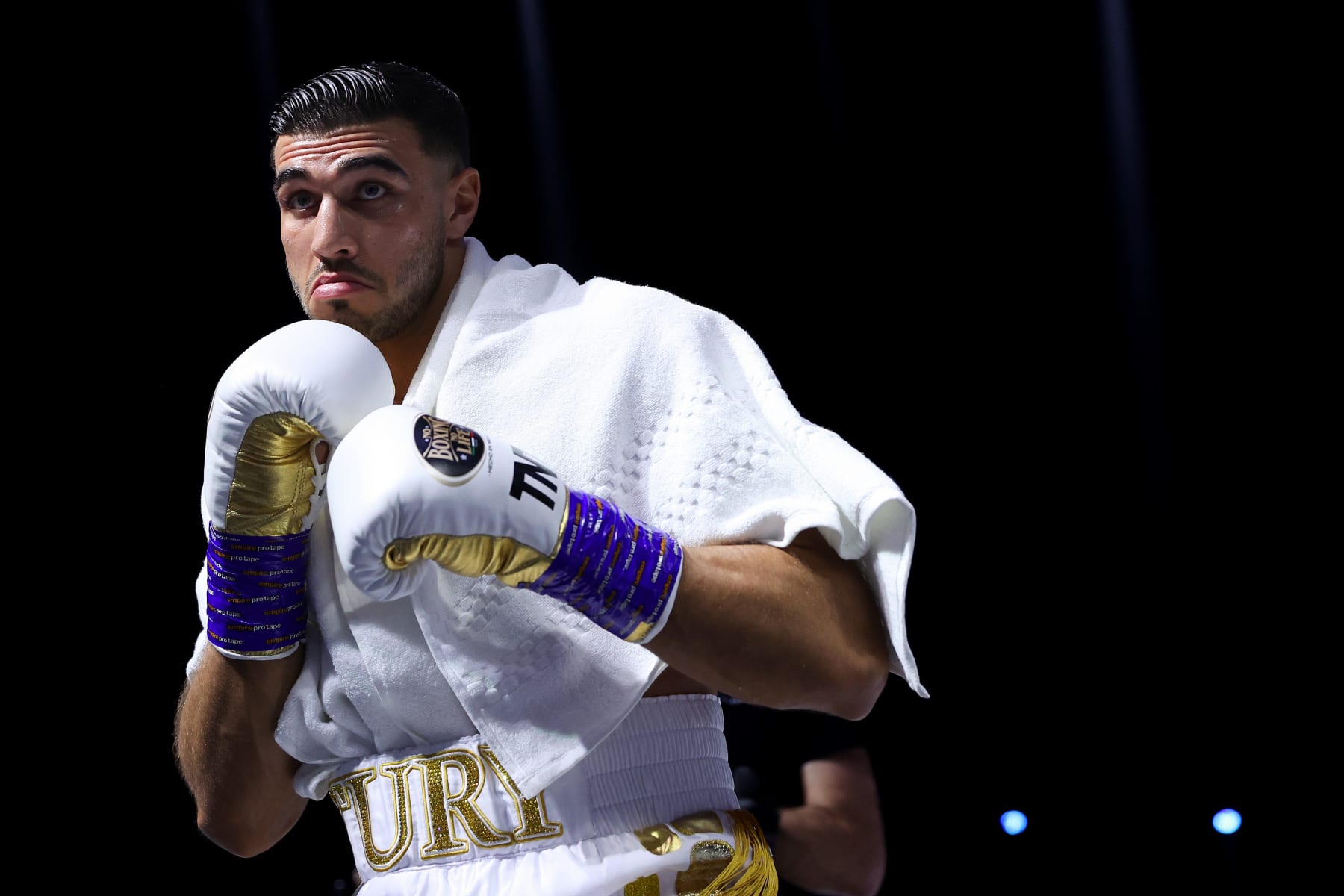 RIYADH, SAUDI ARABIA - FEBRUARY 26: Tommy Fury looks on as they enter the arena during their ring walk prior to the Cruiserweight Title fight between Jake Paul and Tommy Fury at the Diriyah Arena on February 26, 2023 in Riyadh, Saudi Arabia. (Photo by Francois Nel/Getty Images)