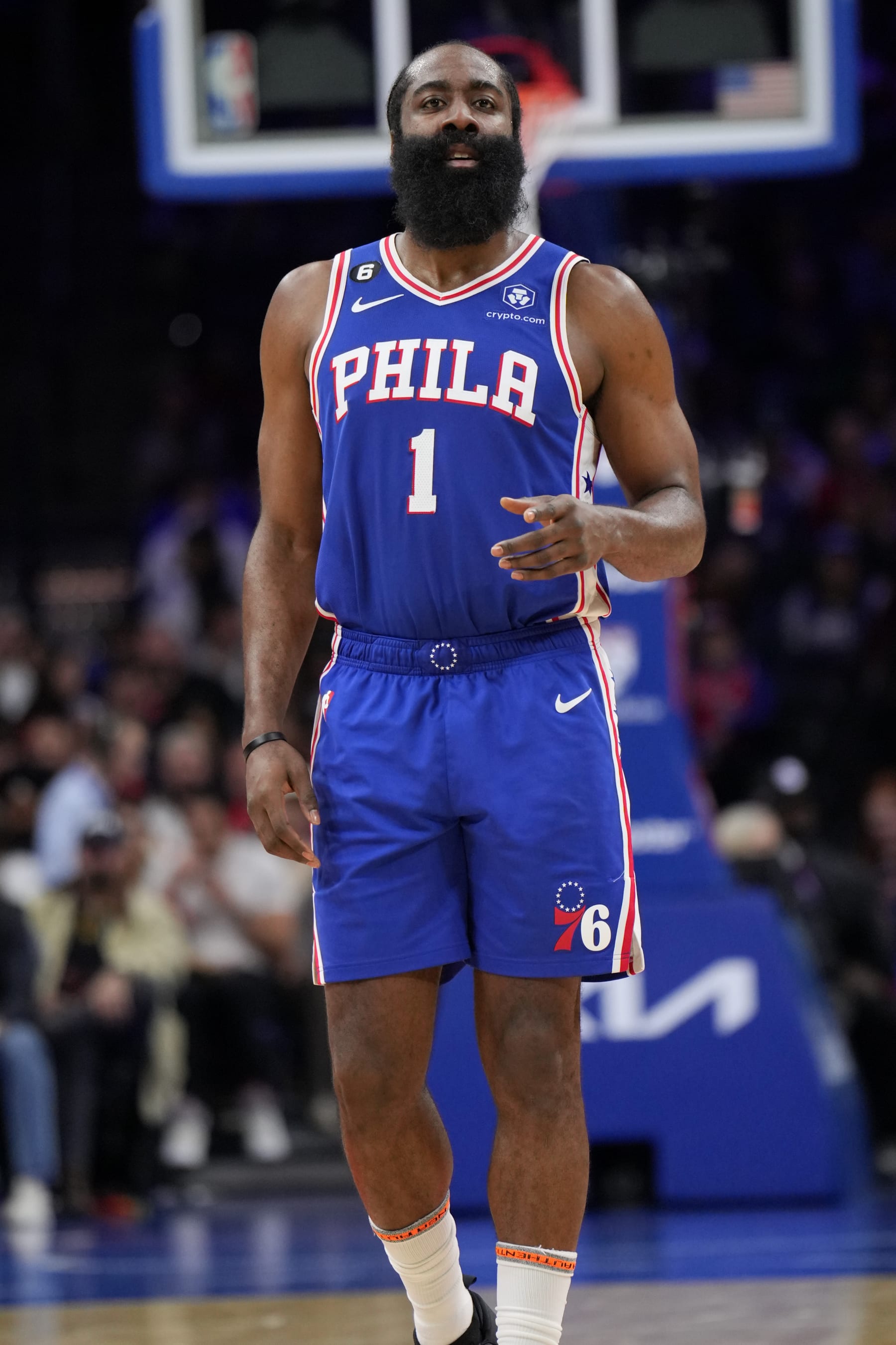 PHILADELPHIA, PA - DECEMBER 21: James Harden #1 of the Philadelphia 76ers looks on during the game against the Detroit Pistons on December 21, 2022 at the Wells Fargo Center in Philadelphia, Pennsylvania NOTE TO USER: User expressly acknowledges and agrees that, by downloading and/or using this Photograph, user is consenting to the terms and conditions of the Getty Images License Agreement. Mandatory Copyright Notice: Copyright 2022 NBAE (Photo by Jesse D. Garrabrant/NBAE via Getty Images)