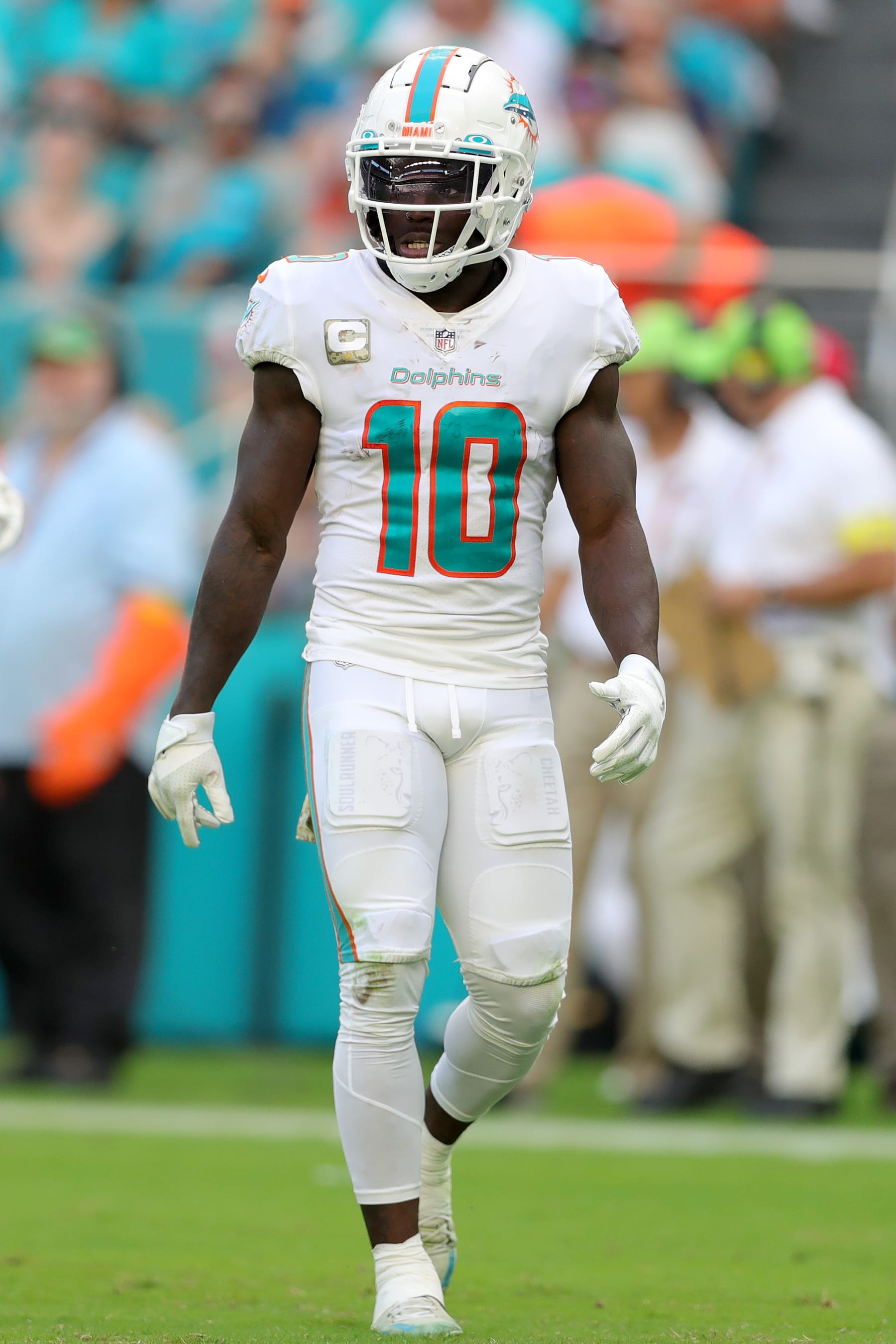 MIAMI GARDENS, FLORIDA - NOVEMBER 13: Tyreek Hill #10 of the Miami Dolphins looks on against the Cleveland Browns during the first half at Hard Rock Stadium on November 13, 2022 in Miami Gardens, Florida. (Photo by Megan Briggs/Getty Images)
