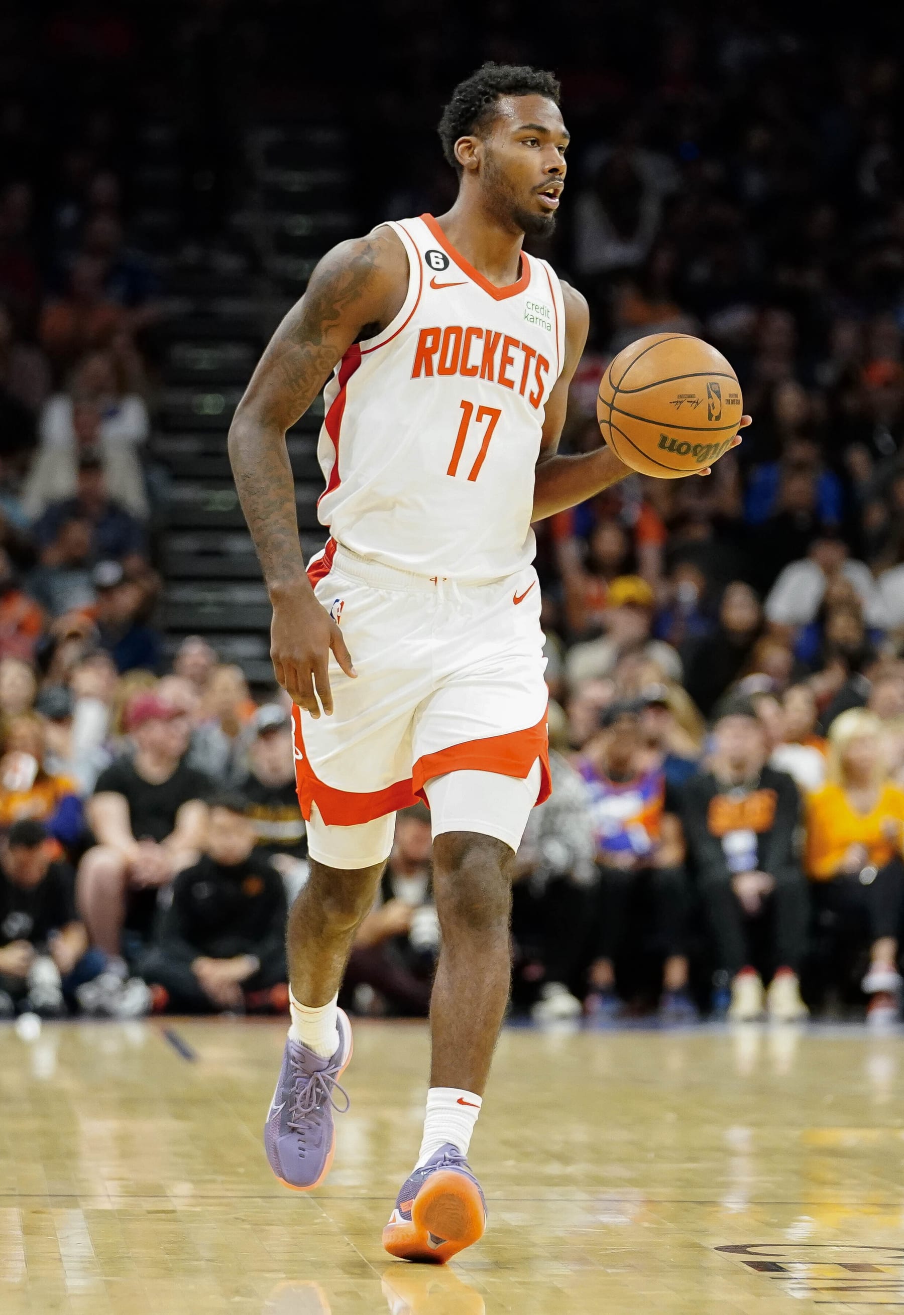Houston Rockets' Tari Eason (17) during the first half of an NBA basketball game against the Phoenix Suns, Sunday, Oct. 30, 2022, in Phoenix. (AP Photo/Darryl Webb)