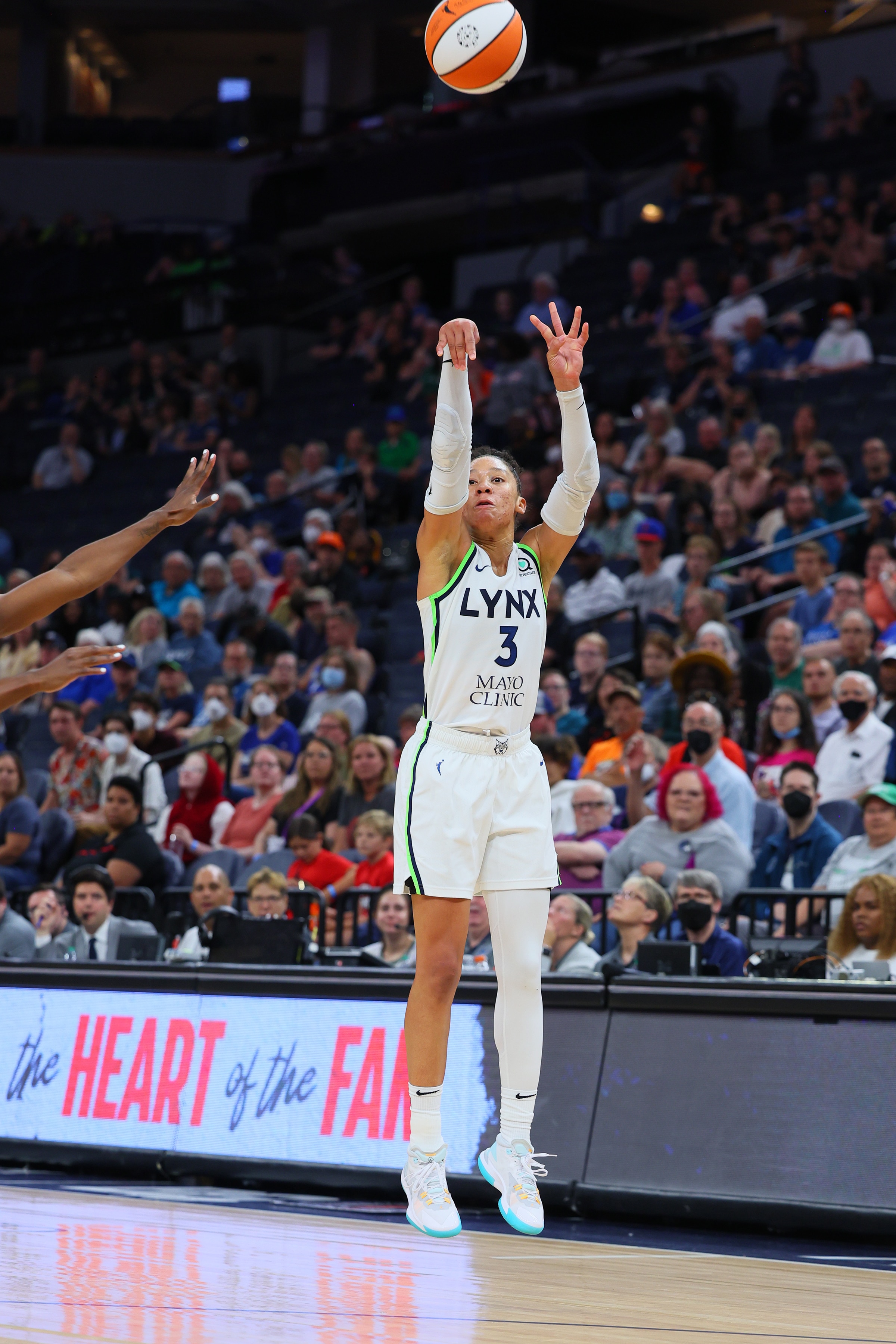 MINNEAPOLIS, MN -  JULY 3: Aerial Powers #3 of the Minnesota Lynx shoots the ball during the game against the Las Vegas Aces on July 3, 2022 at Target Center in Minneapolis, Minnesota. NOTE TO USER: User expressly acknowledges and agrees that, by downloading and or using this Photograph, user is consenting to the terms and conditions of the Getty Images License Agreement. Mandatory Copyright Notice: Copyright 2022 NBAE (Photo by Adam Bettcher/NBAE via Getty Images)