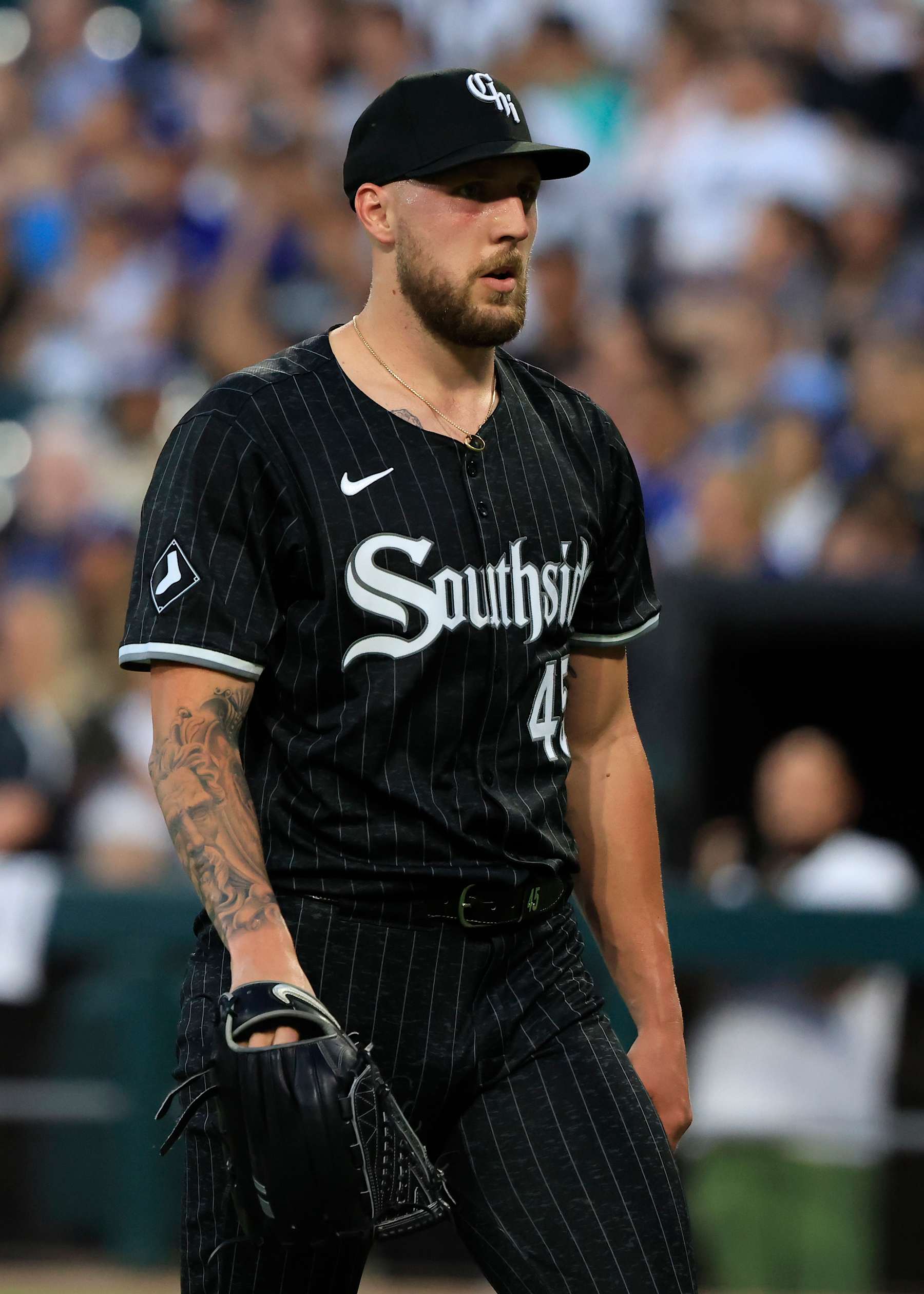 CHICAGO, ILLINOIS - JUNE 24: Garrett Crochet #45 of the Chicago White Sox walks to the dugout against the Los Angeles Dodgers at Guaranteed Rate Field on June 24, 2024 in Chicago, Illinois. (Photo by Justin Casterline/Getty Images)