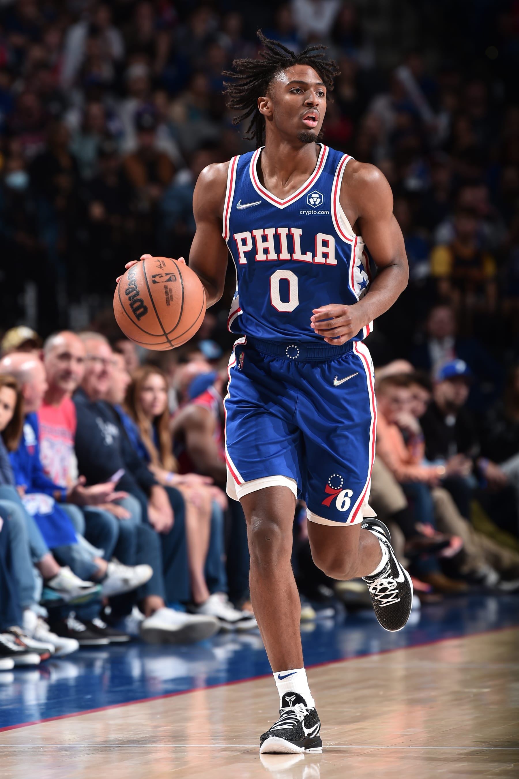 PHILADELPHIA, PA - MAY 12: Tyrese Maxey #0 of the Philadelphia 76ers dribbles the ball against the Miami Heat during Game 6 of the 2022 NBA Playoffs Eastern Conference Semifinals on May 12, 2022 at the Wells Fargo Center in Philadelphia, Pennsylvania NOTE TO USER: User expressly acknowledges and agrees that, by downloading and/or using this Photograph, user is consenting to the terms and conditions of the Getty Images License Agreement. Mandatory Copyright Notice: Copyright 2022 NBAE (Photo by David Dow/NBAE via Getty Images)