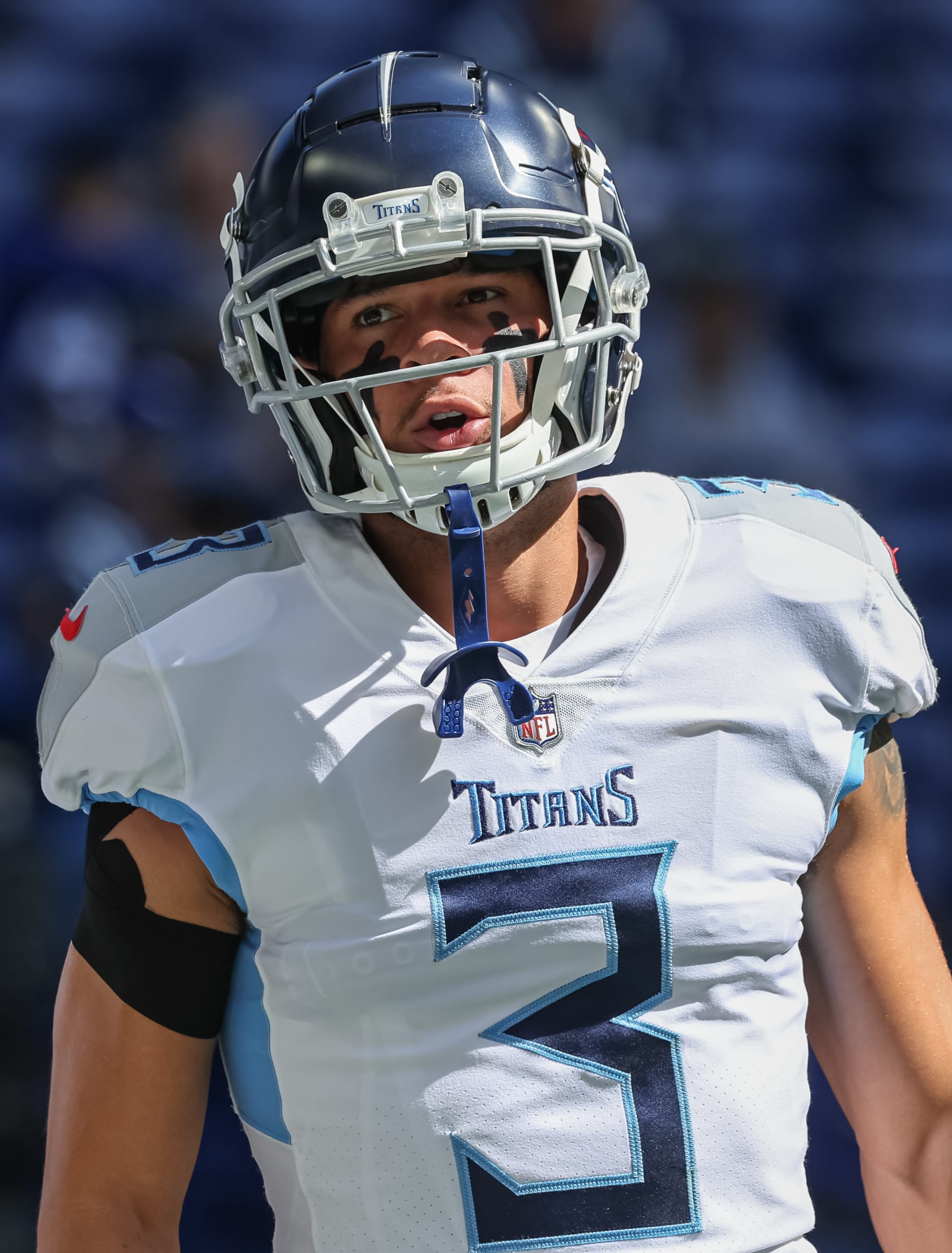INDIANAPOLIS, IN - OCTOBER 02: Caleb Farley #3 of the Tennessee Titans is seen before the game against the Indianapolis Colts at Lucas Oil Stadium on October 2, 2022 in Indianapolis, Indiana. (Photo by Michael Hickey/Getty Images)