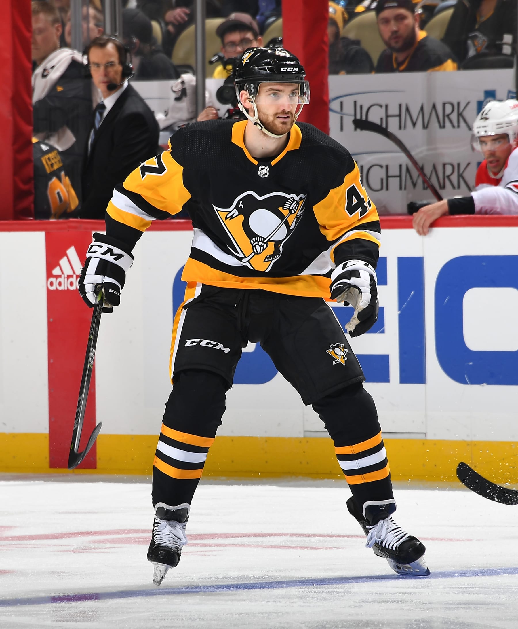 PITTSBURGH, PA - MARCH 31:  Adam Johnson #47 of the Pittsburgh Penguins skates during the third period against the Carolina Hurricanes at PPG Paints Arena on March 31, 2019 in Pittsburgh, Pennsylvania.  (Photo by Joe Sargent/NHLI via Getty Images)