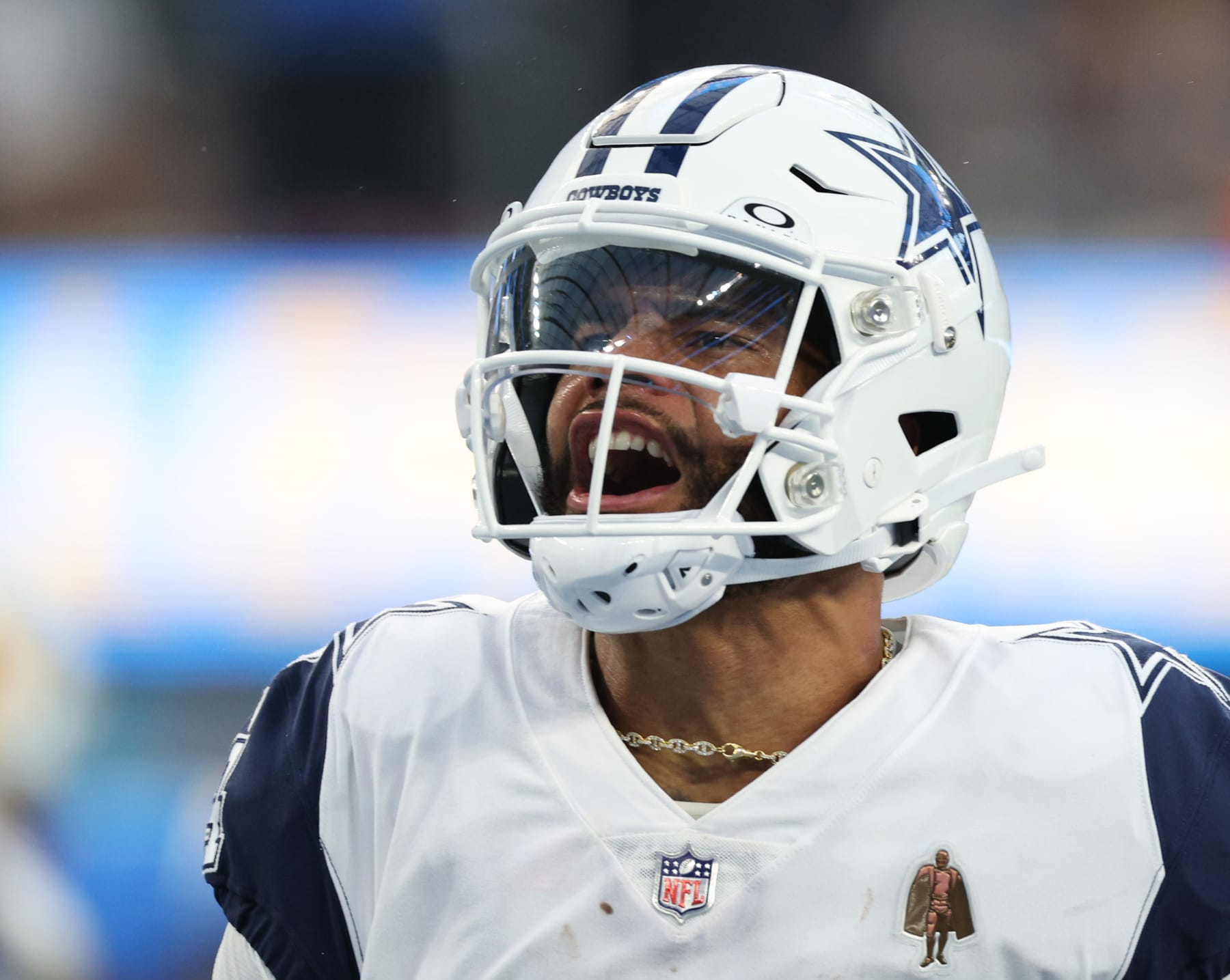 INGLEWOOD, CALIFORNIA - OCTOBER 16: Dak Prescott #4 of the Dallas Cowboys celebrates his touchdown run during a 20-17 win over the Los Angeles Chargers at SoFi Stadium on October 16, 2023 in Inglewood, California. (Photo by Harry How/Getty Images) INGLEWOOD, CALIFORNIA - OCTOBER 16: Dak Prescott #4 of the Dallas Cowboys celebrates his touchdown run during a 20-17 win over the Los Angeles Chargers at SoFi Stadium on October 16, 2023 in Inglewood, California. (Photo by Harry How/Getty Images)