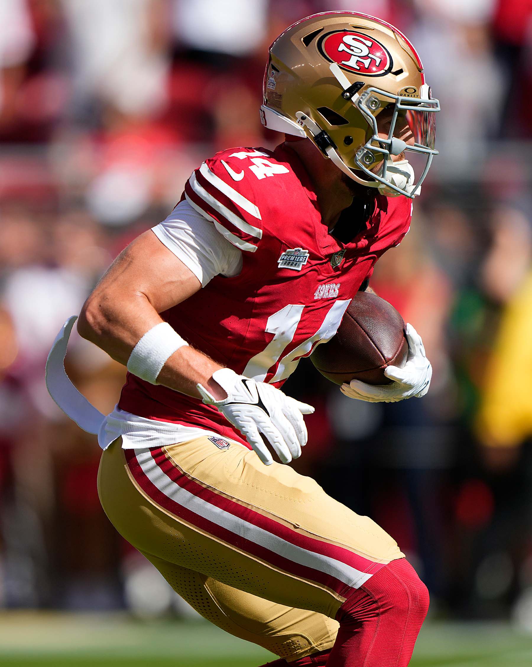 SANTA CLARA, CALIFORNIA - OCTOBER 20: Ricky Pearsall #14 of the San Francisco 49ers warms up prior to a game against the Kansas City Chiefs at Levi's Stadium on October 20, 2024 in Santa Clara, California. (Photo by Thearon W. Henderson/Getty Images)