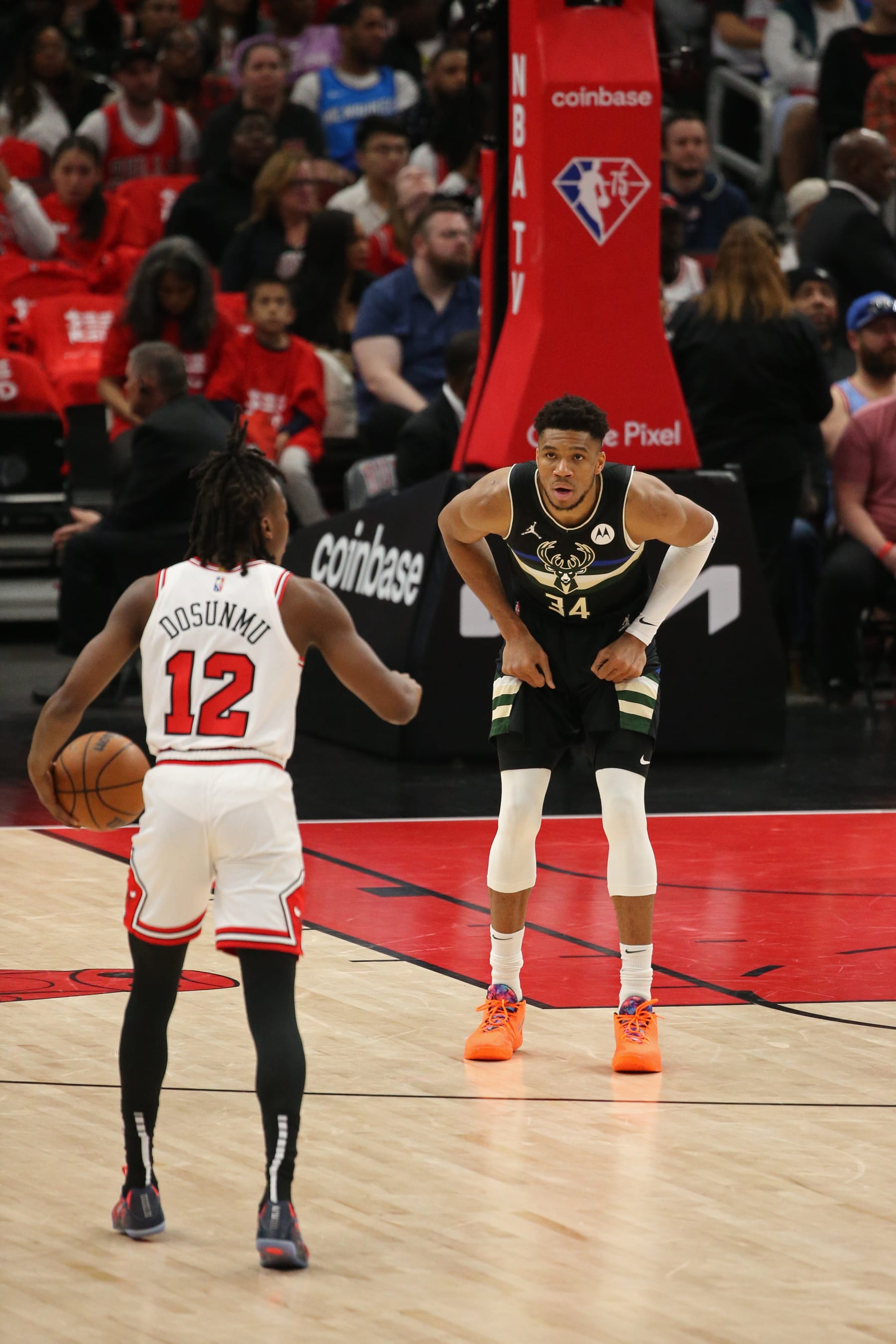 CHICAGO, IL - APRIL 24: Giannis Antetokounmpo #34 of the Milwaukee Bucks plays defense against the Chicago Bulls during Round 1 Game 4 of the NBA Playoffs on April 24, 2022 at the United Center in Chicago, Illinois. NOTE TO USER: User expressly acknowledges and agrees that, by downloading and or using this Photograph, user is consenting to the terms and conditions of the Getty Images License Agreement. Mandatory Copyright Notice: Copyright 2022 NBAE (Photo by Gary Dineen/NBAE via Getty Images). CHICAGO, IL - APRIL 24: Giannis Antetokounmpo #34 of the Milwaukee Bucks plays defense against the Chicago Bulls during Round 1 Game 4 of the NBA Playoffs on April 24, 2022 at the United Center in Chicago, Illinois. NOTE TO USER: User expressly acknowledges and agrees that, by downloading and or using this Photograph, user is consenting to the terms and conditions of the Getty Images License Agreement. Mandatory Copyright Notice: Copyright 2022 NBAE (Photo by Gary Dineen/NBAE via Getty Images).