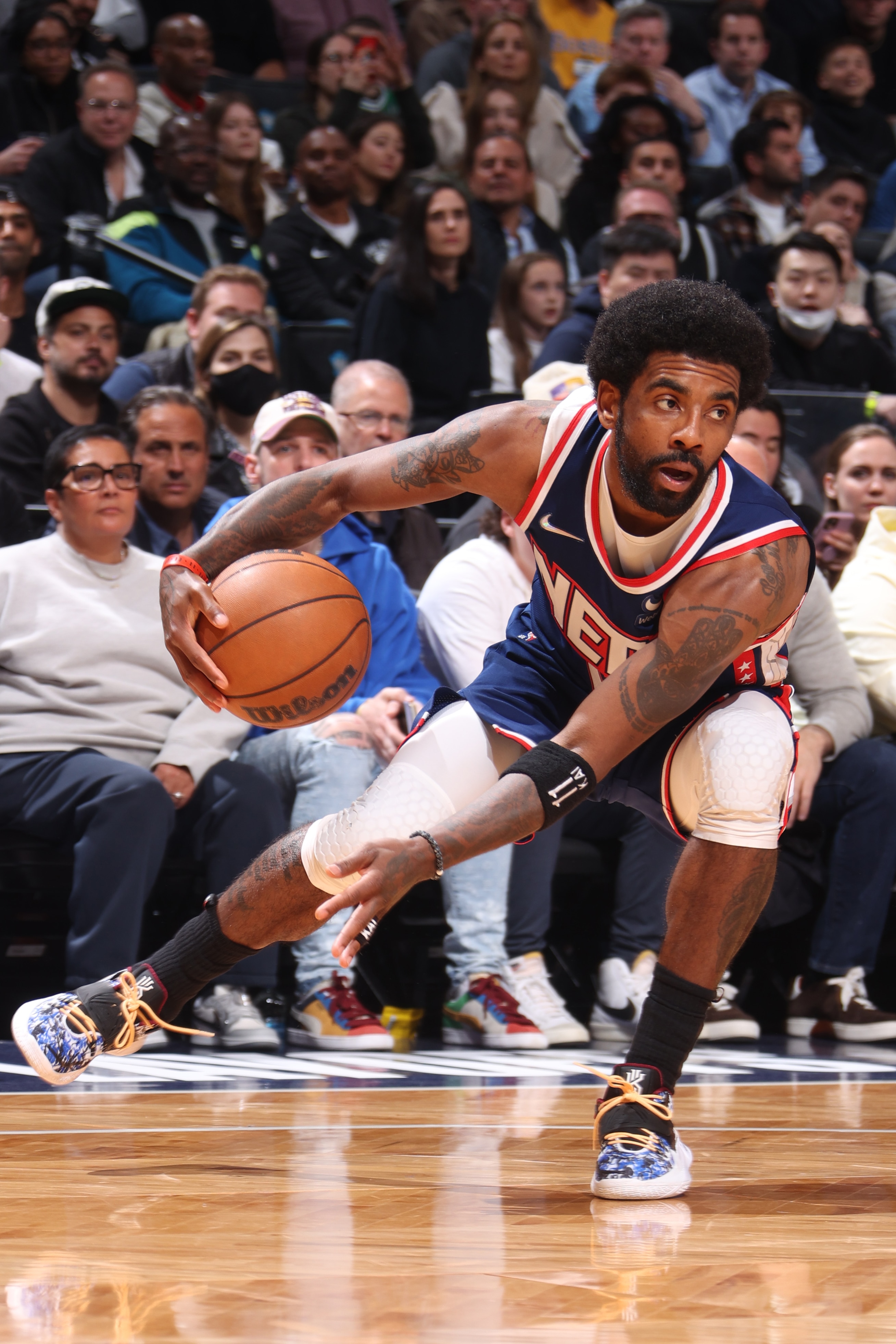 BROOKLYN, NY - APRIL 25: Kyrie Irving #11 of the Brooklyn Nets dribbles the ball during Round 1 Game 4 of the 2022 NBA Playoffs on April 25, 2022 at Barclays Center in Brooklyn, New York. NOTE TO USER: User expressly acknowledges and agrees that, by downloading and or using this Photograph, user is consenting to the terms and conditions of the Getty Images License Agreement. Mandatory Copyright Notice: Copyright 2022 NBAE (Photo by Nathaniel S. Butler/NBAE via Getty Images)
