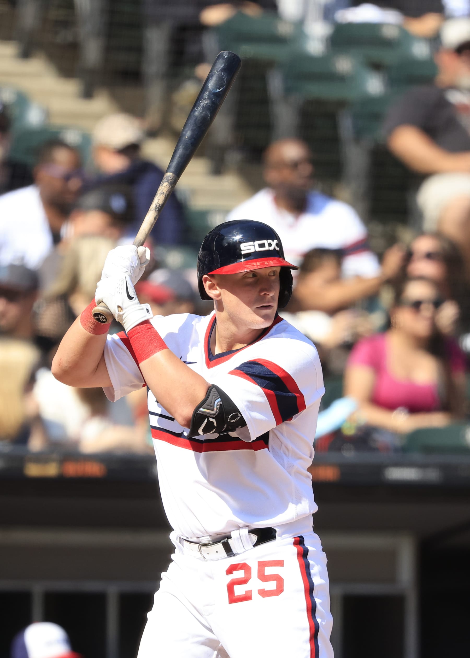 CHICAGO, ILLINOIS - AUGUST 27: Andrew Vaughn #25 of the Chicago White Sox at bat in the game against the Oakland Athletics at Guaranteed Rate Field on August 27, 2023 in Chicago, Illinois. (Photo by Justin Casterline/Getty Images)