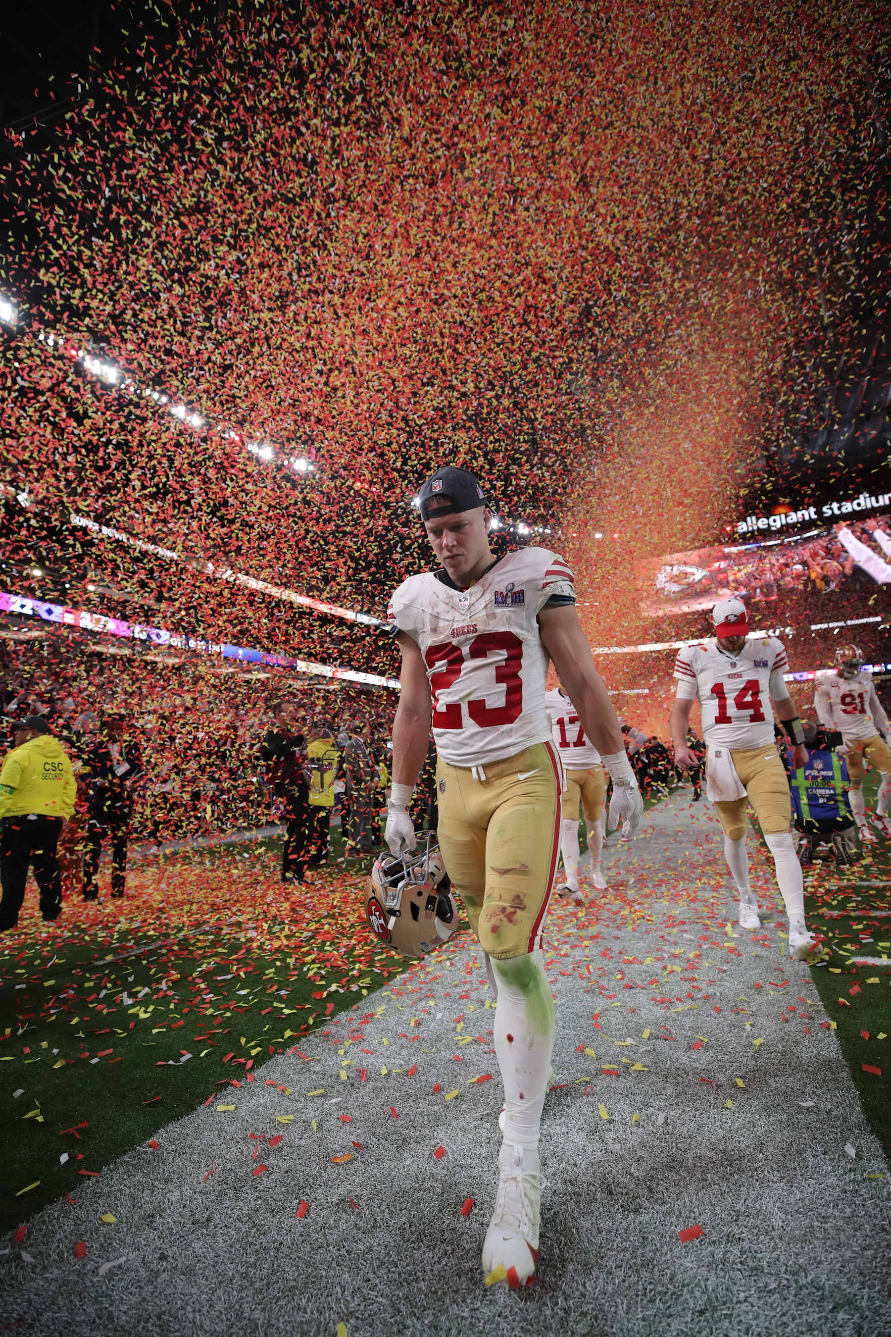 LAS VEGAS, NV - FEBRUARY 11: Christian McCaffrey #23 of the San Francisco 49ers on the field after Super Bowl LVIII against the Kansas City Chiefs at Allegiant Stadium on February 11, 2024 in Las Vegas, Nevada. The Chiefs defeated the 49ers 25-22. (Photo by Michael Zagaris/San Francisco 49ers/Getty Images)