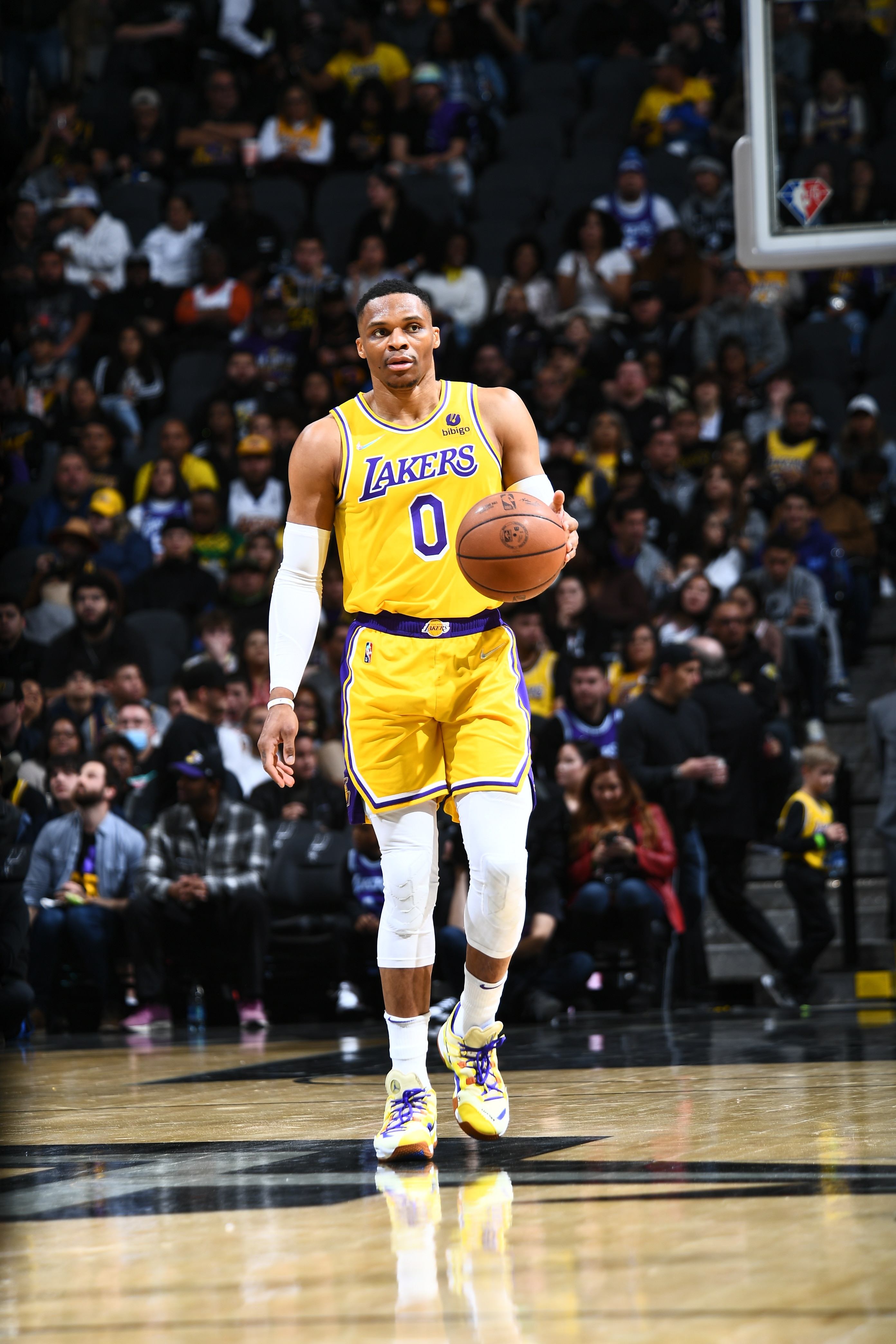 SAN ANTONIO, TX - MARCH 7: Russell Westbrook #0 of the Los Angeles Lakers dribbles the ball during the game against the San Antonio Spurs on March 7, 2022 at the AT&T Center in San Antonio, Texas. NOTE TO USER: User expressly acknowledges and agrees that, by downloading and or using this photograph, user is consenting to the terms and conditions of the Getty Images License Agreement. Mandatory Copyright Notice: Copyright 2022 NBAE (Photos by Michael Gonzales/NBAE via Getty Images)