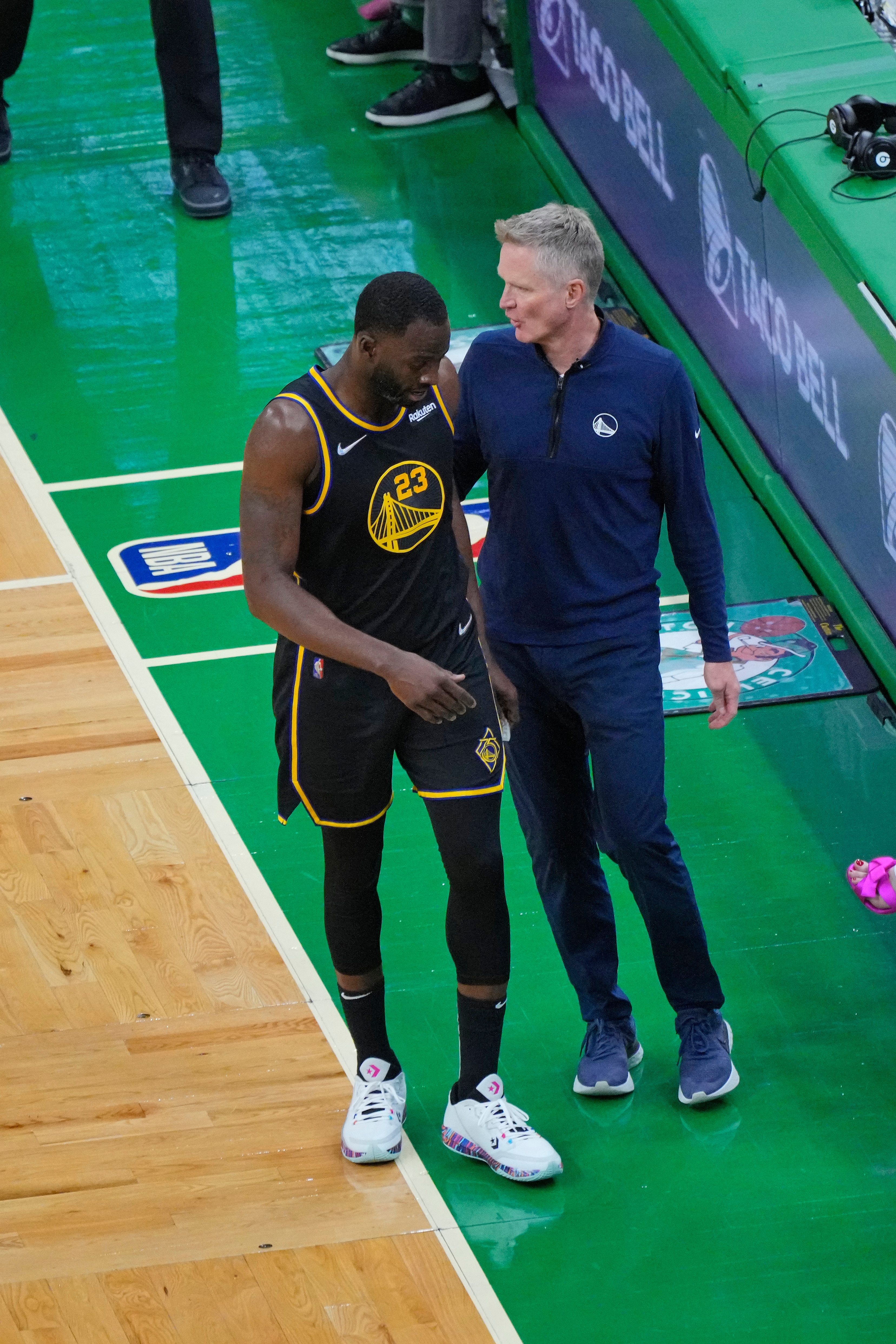 BOSTON, MA - JUNE 10: Draymond Green #23 and Steve Kerr of the Golden State Warriors talk against the Boston Celtics during Game Four of the 2022 NBA Finals on June 10, 2022 at TD Garden in Boston, Massachusetts. NOTE TO USER: User expressly acknowledges and agrees that, by downloading and or using this photograph, user is consenting to the terms and conditions of Getty Images License Agreement. Mandatory Copyright Notice: Copyright 2022 NBAE (Photo by Mark Blinch/NBAE via Getty Images)
