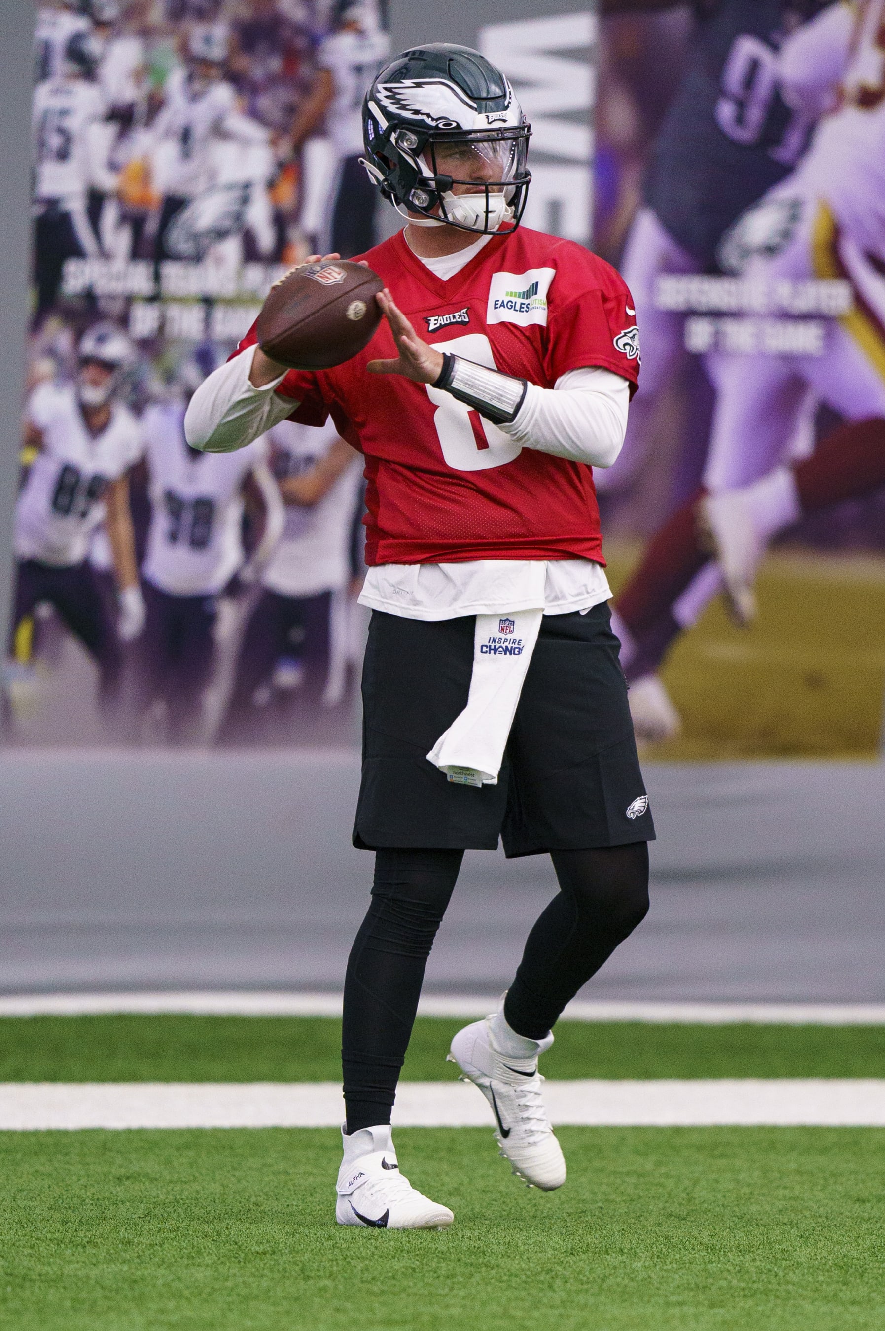 Philadelphia Eagles' Carson Strong in action during at NFL rookie football minicamp, Friday, May 6, 2022, in Philadelphia. (AP Photo/Christopher Szagola)
