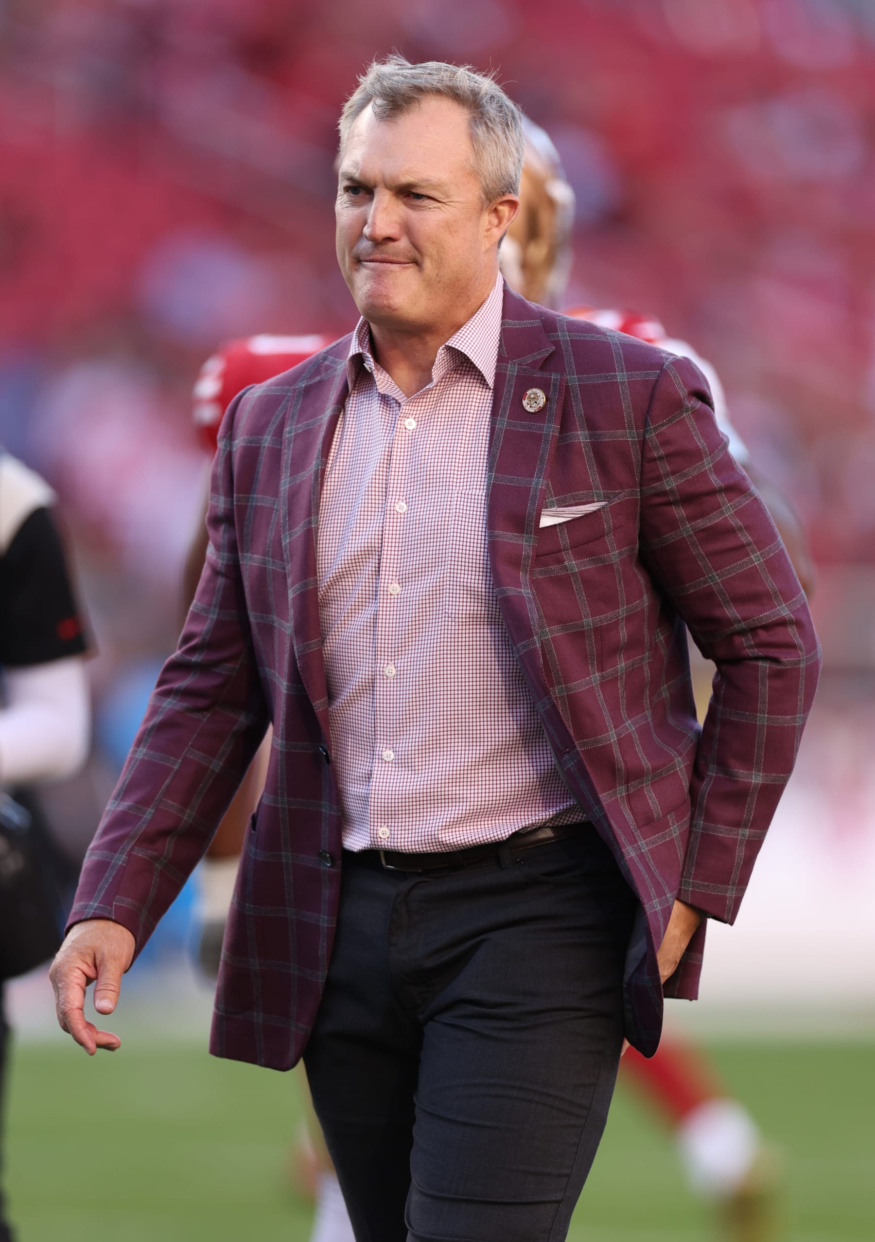 SANTA CLARA, CALIFORNIA - OCTOBER 08: San Francisco 49ers general manager John Lynch is seen on the field prior to a game against the Dallas Cowboys at Levi's Stadium on October 08, 2023 in Santa Clara, California. (Photo by Ezra Shaw/Getty Images)