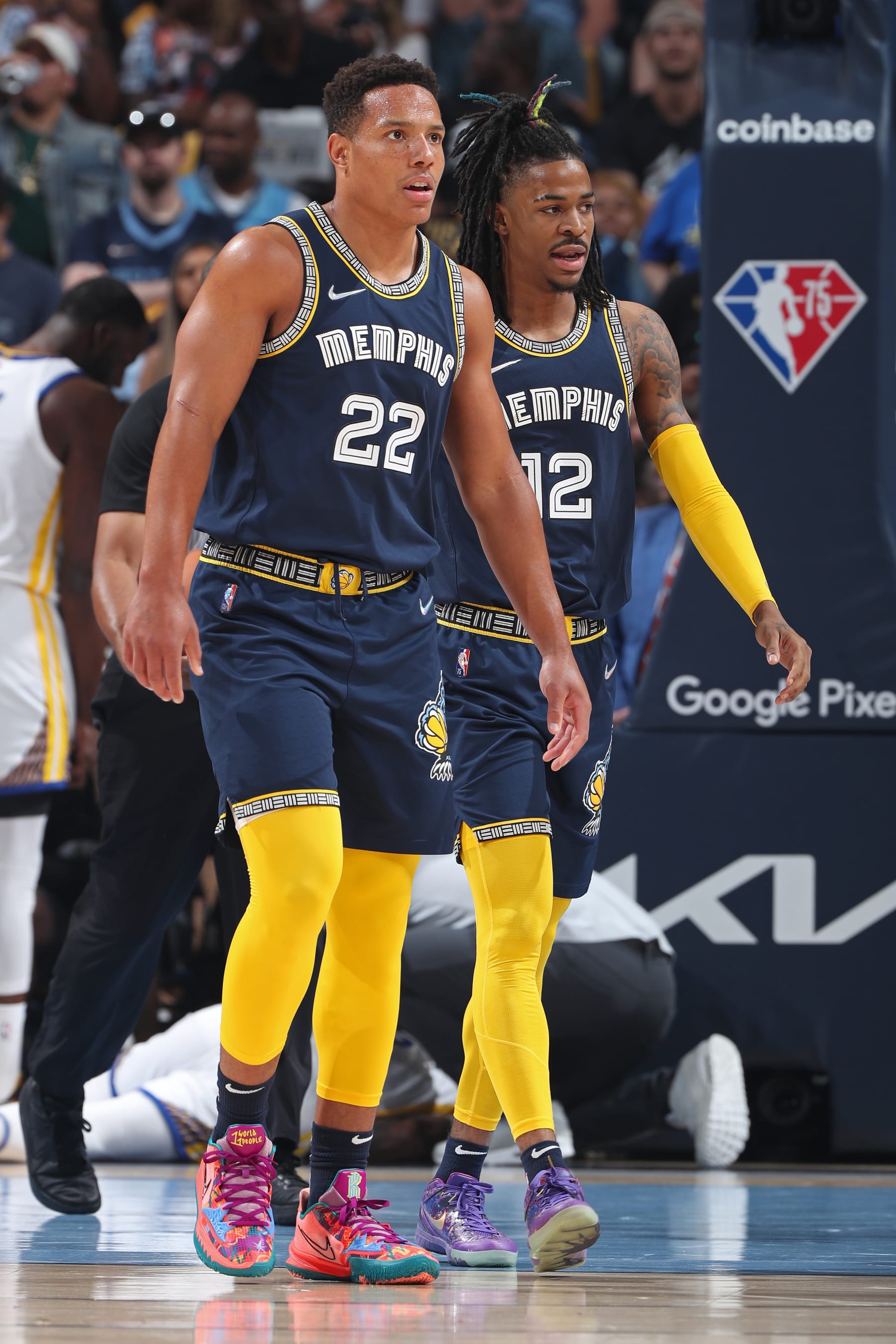 MEMPHIS, TN - MAY 3: Desmond Bane #22 and Ja Morant #12 of the Memphis Grizzlies look on during Game 2 of the 2022 NBA Playoffs Western Conference Semifinals on May 3, 2022 at FedExForum in Memphis, Tennessee. NOTE TO USER: User expressly acknowledges and agrees that, by downloading and or using this photograph, User is consenting to the terms and conditions of the Getty Images License Agreement. Mandatory Copyright Notice: Copyright 2022 NBAE (Photo by Joe Murphy/NBAE via Getty Images)