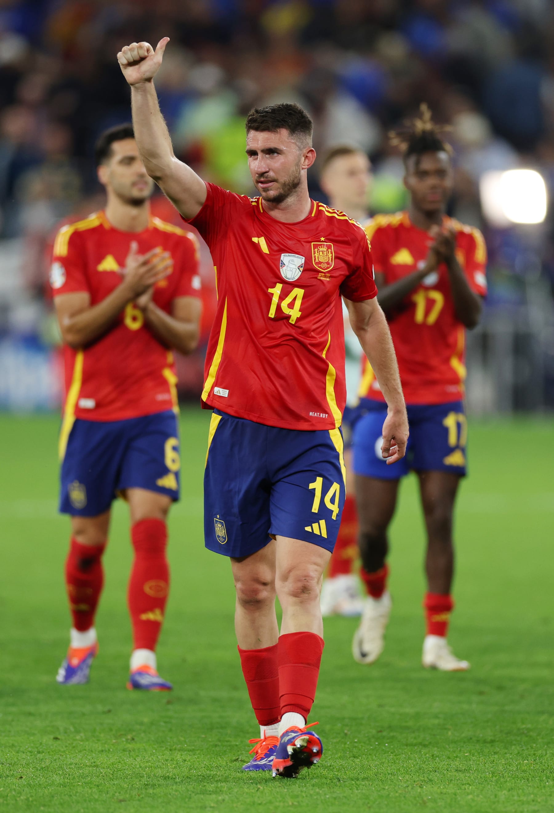 GELSENKIRCHEN, GERMANY - JUNE 20: Aymeric Laporte of Spain celebrates after the team's victory in the UEFA EURO 2024 group stage match between Spain and Italy at Arena AufSchalke on June 20, 2024 in Gelsenkirchen, Germany. (Photo by Kevin C. Cox/Getty Images)