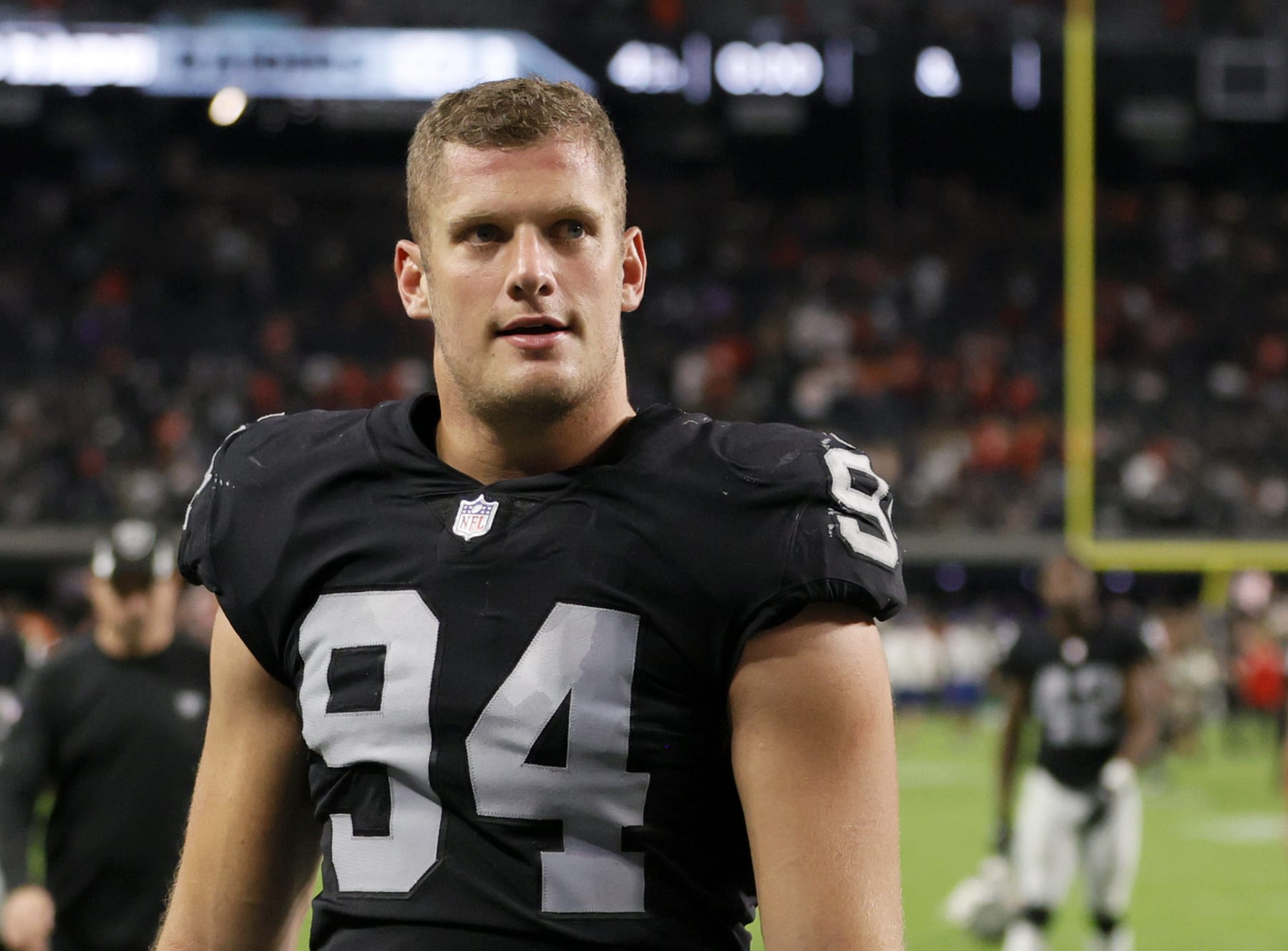 LAS VEGAS, NEVADA - NOVEMBER 14:  Defensive end Carl Nassib #94 of the Las Vegas Raiders walks off the field the team's 41-14 loss to the Kansas City Chiefs at Allegiant Stadium on November 14, 2021 in Las Vegas, Nevada.  (Photo by Ethan Miller/Getty Images)