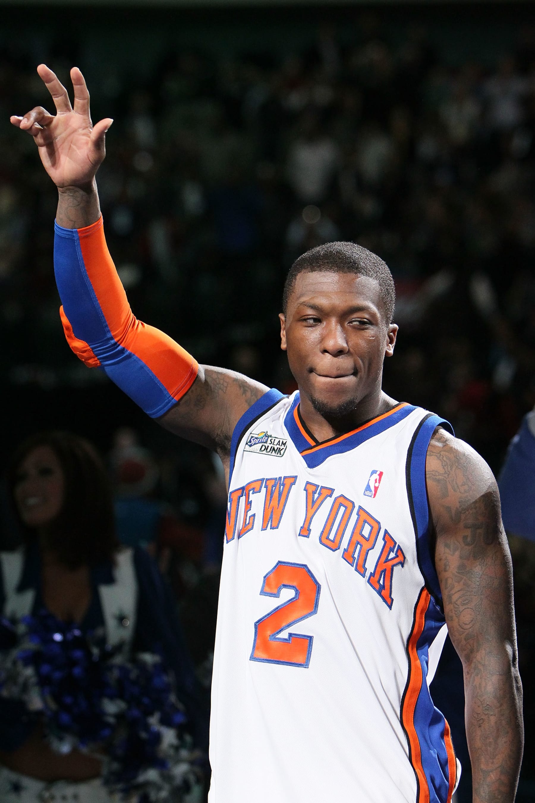 DALLAS - FEBRUARY 13:  Nate Robinson #2 of the New York Knicks reacts during the trophy presentation after his third win during the Sprite Slam Dunk Contest on All-Star Saturday Night, part of 2010 NBA All-Star Weekend at American Airlines Center on February 13, 2010 in Dallas, Texas. NOTE TO USER: User expressly acknowledges and agrees that, by downloading and or using this photograph, User is consenting to the terms and conditions of the Getty Images License Agreement.  (Photo by Jed Jacobsohn/Getty Images)