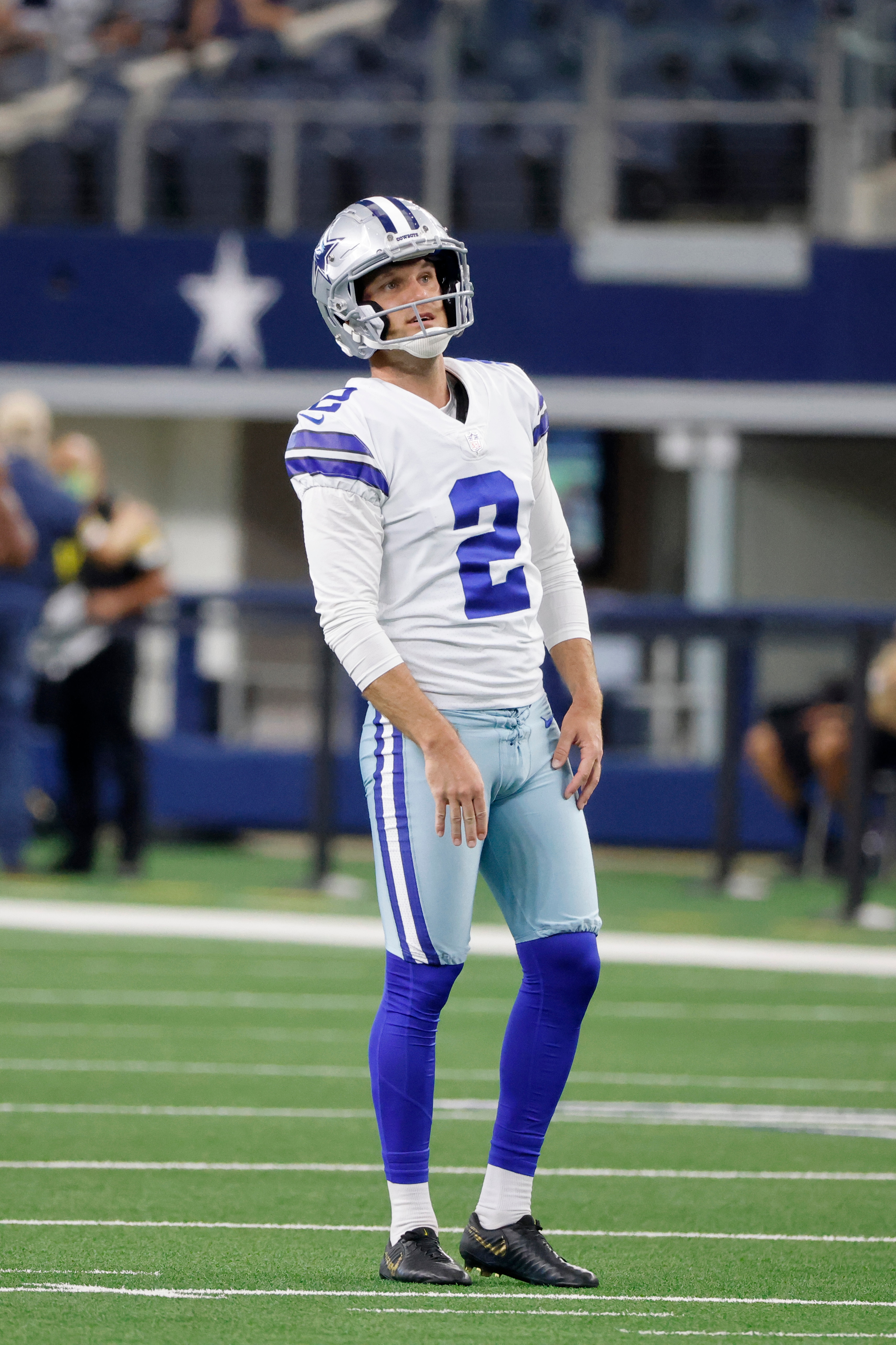 Dallas Cowboys kicker Greg Zuerlein (2) warms up prior to playing the Jacksonville Jaguars during an NFL Football game in Arlington, Texas, Sunday, Aug. 29, 2021. (AP Photo/Michael Ainsworth)