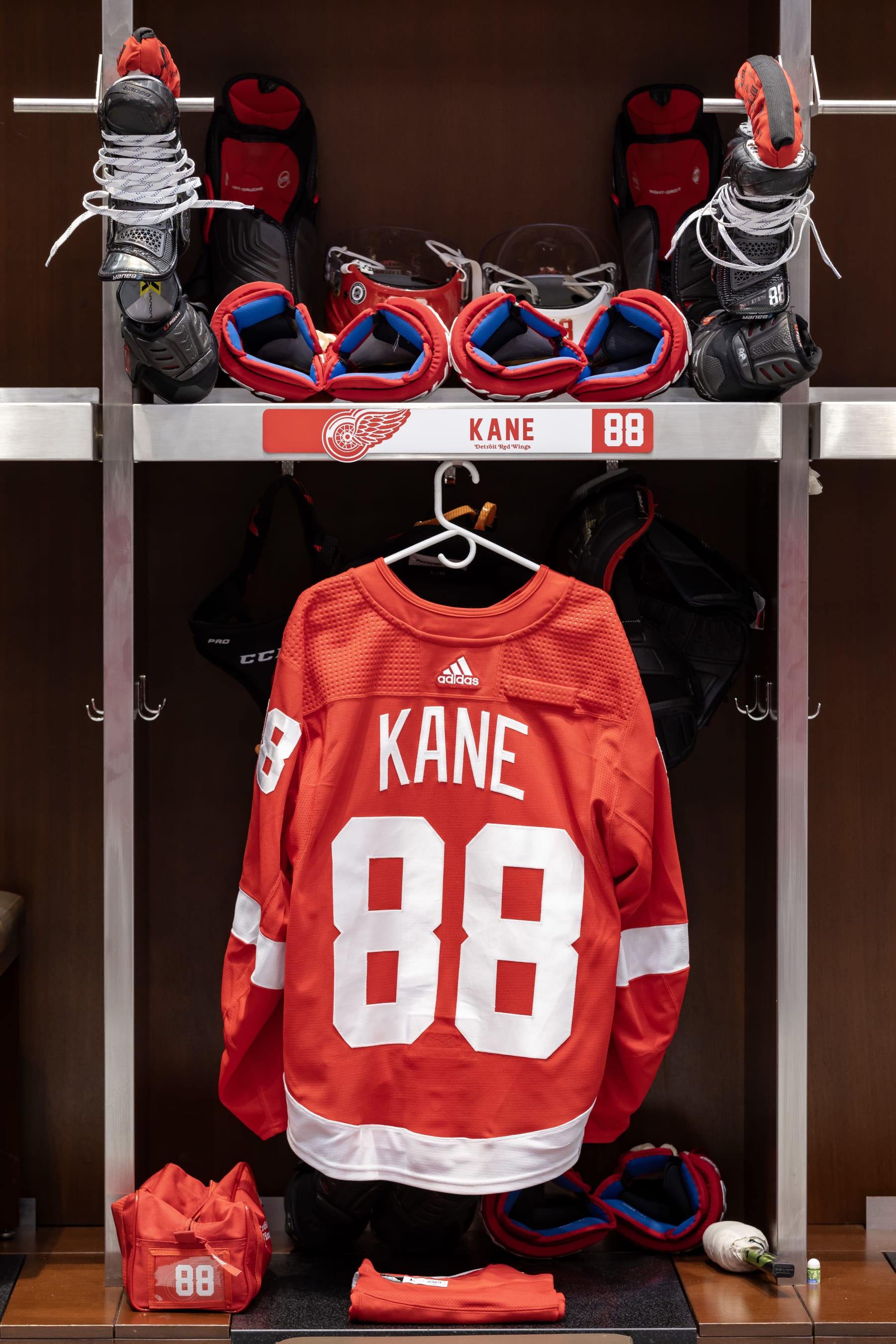 DETROIT, MI - DECEMBER 07: The lockeroom stahl of Patrick Kane #88 of the Detroit Red Wings before his first game of the season against the San Jose Sharks at Little Caesars Arena on December 7, 2023 in Detroit, Michigan. (Photo by Dave Reginek/NHLI via Getty Images)