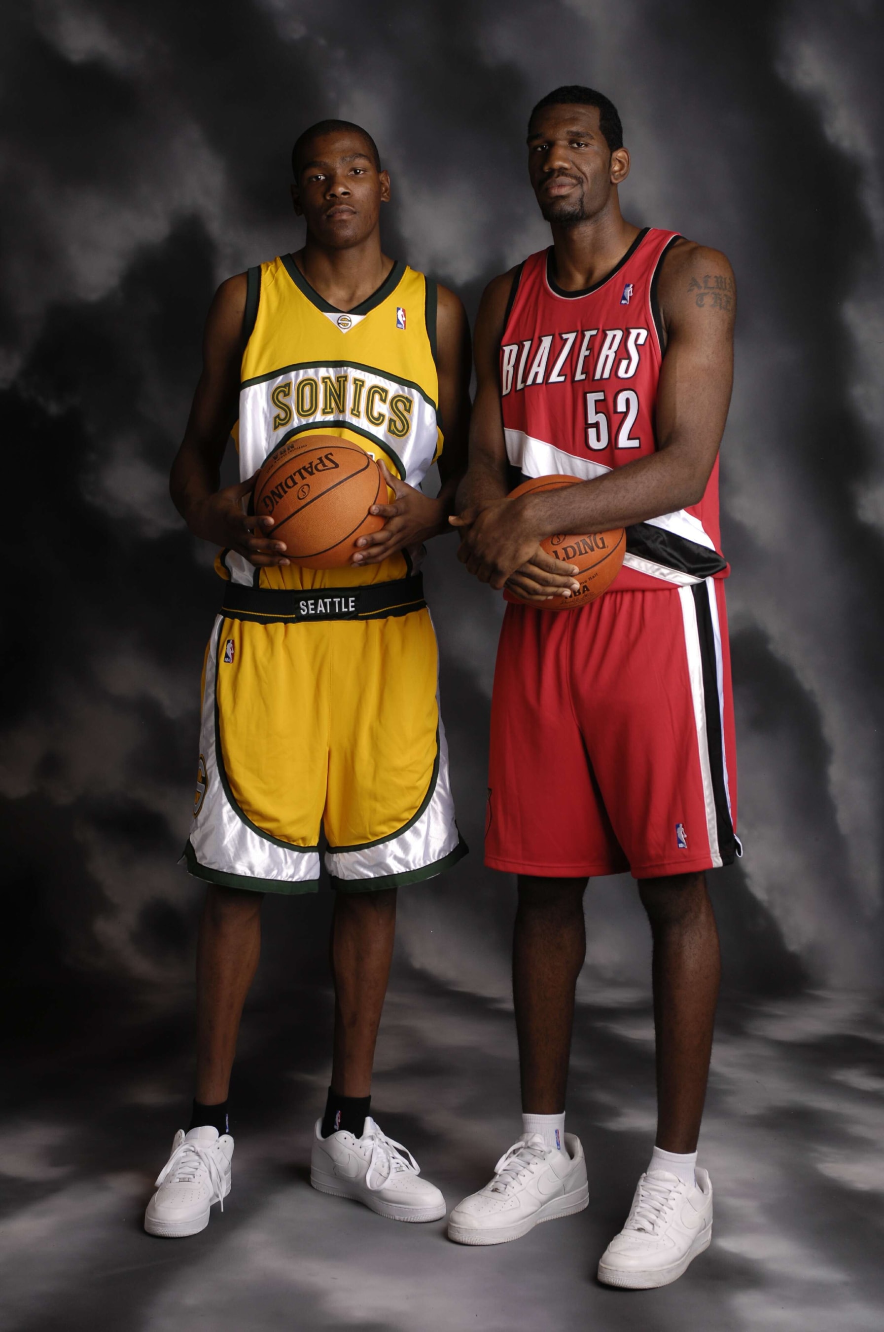 TARRYTOWN, NY - JULY 27:  Kevin Durant #35 of the Seattle SuperSonics and Greg Oden #52 of the Portland Trailblazers pose for a portrait during the 2007 NBA Rookie Photo Shoot on July 27, 2007 at the MSG Training Facility in Tarrytown, New York.  NOTE TO USER: User expressly acknowledges and agrees that, by downloading and/or using this Photograph, user is consenting to the terms and conditions of the Getty Images License Agreement. Mandatory Copyright Notice: Copyright 2007 NBAE  (Photo by Fernando Medina/NBAE via Getty Images)