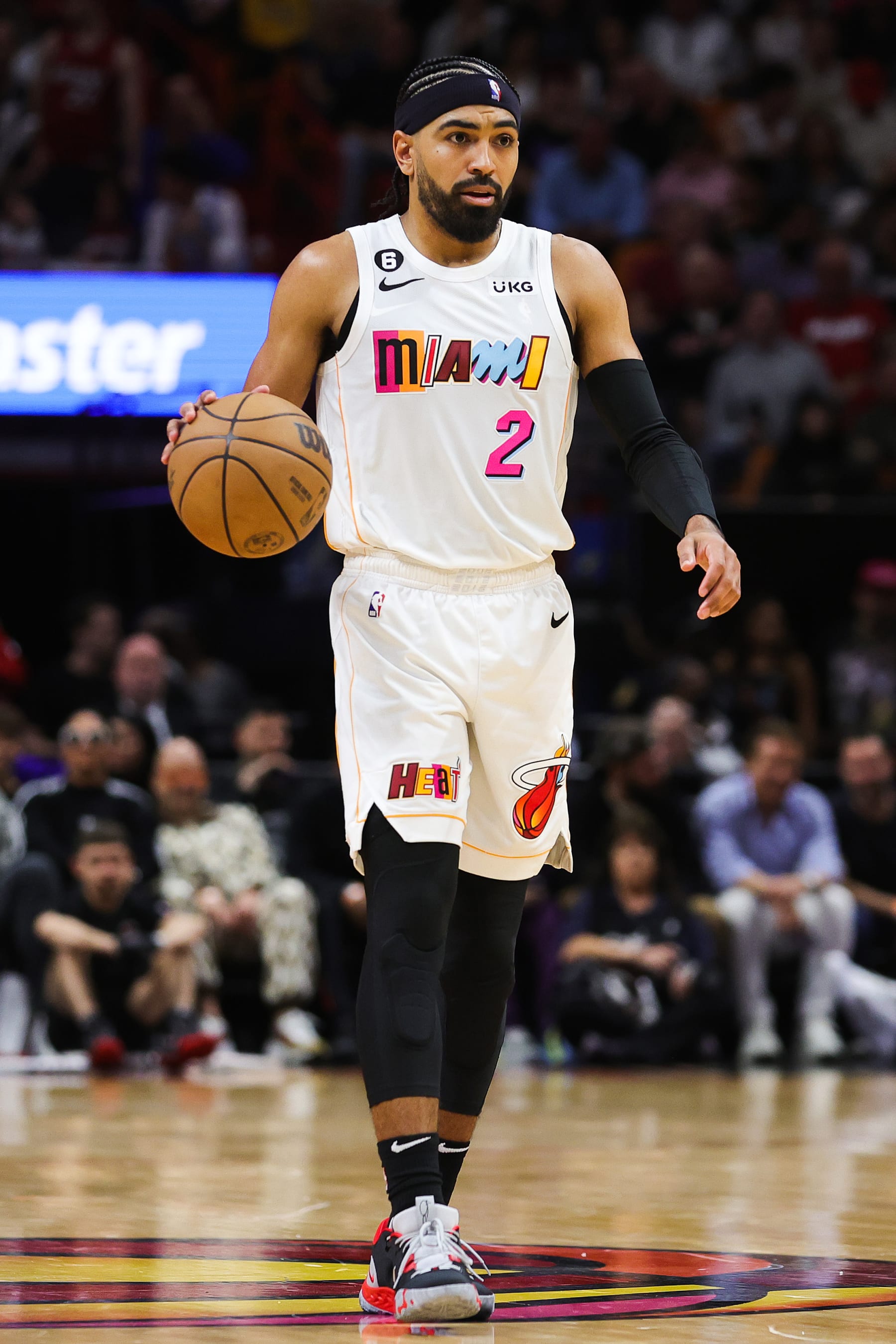 MIAMI, FLORIDA - DECEMBER 28: Gabe Vincent #2 of the Miami Heat dribbles down the court against the Los Angeles Lakers during the first quarter at FTX Arena on December 28, 2022 in Miami, Florida. NOTE TO USER: User expressly acknowledges and agrees that, by downloading and or using this photograph, User is consenting to the terms and conditions of the Getty Images License Agreement. (Photo by Megan Briggs/Getty Images)