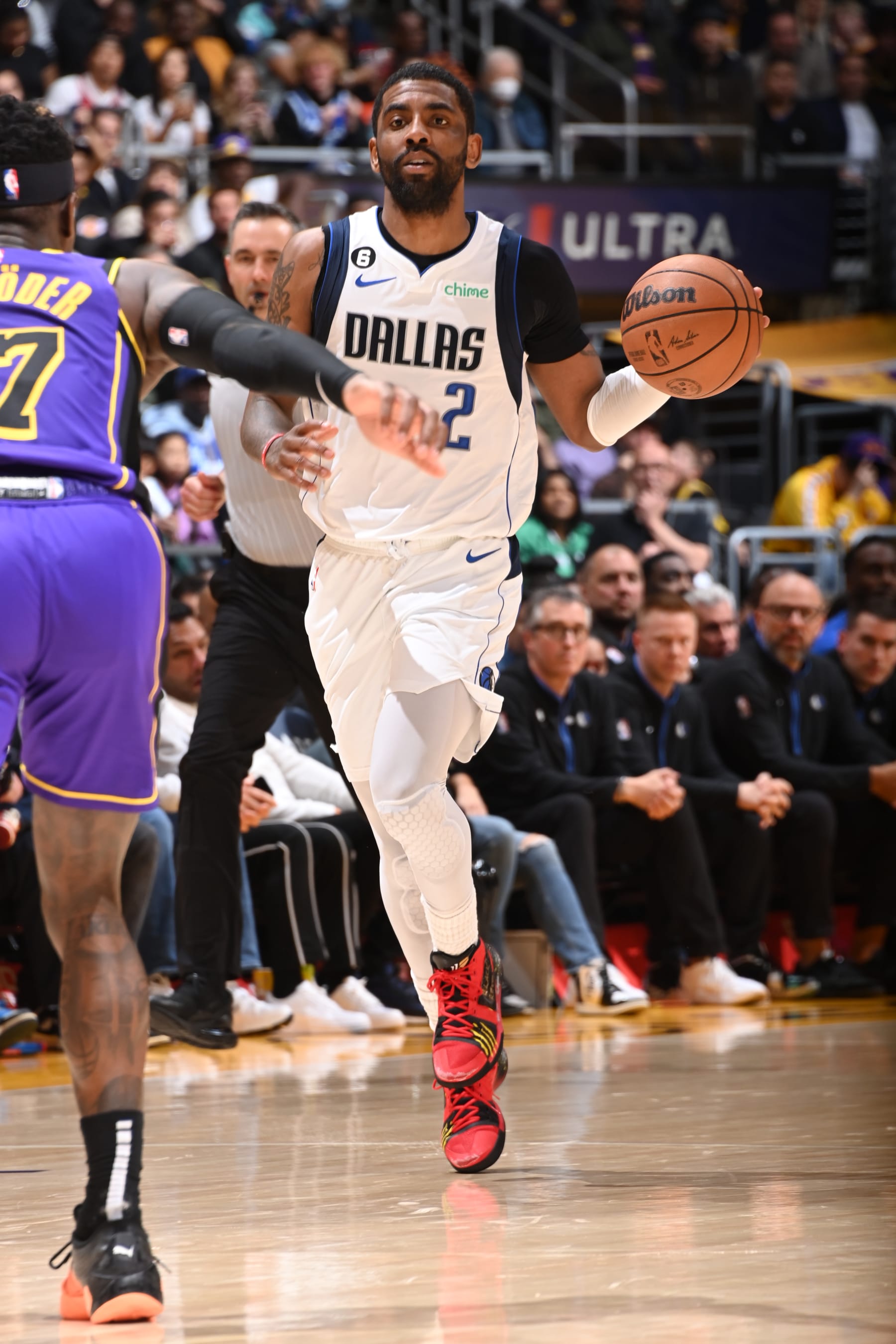 LOS ANGELES, CA - MARCH 17: Kyrie Irving #2 of the Dallas Mavericks dribbles the ball during the game against the Los Angeles Lakers on March 17, 2023 at Crypto.Com Arena in Los Angeles, California. NOTE TO USER: User expressly acknowledges and agrees that, by downloading and/or using this Photograph, user is consenting to the terms and conditions of the Getty Images License Agreement. Mandatory Copyright Notice: Copyright 2023 NBAE (Photo by Andrew D. Bernstein/NBAE via Getty Images)