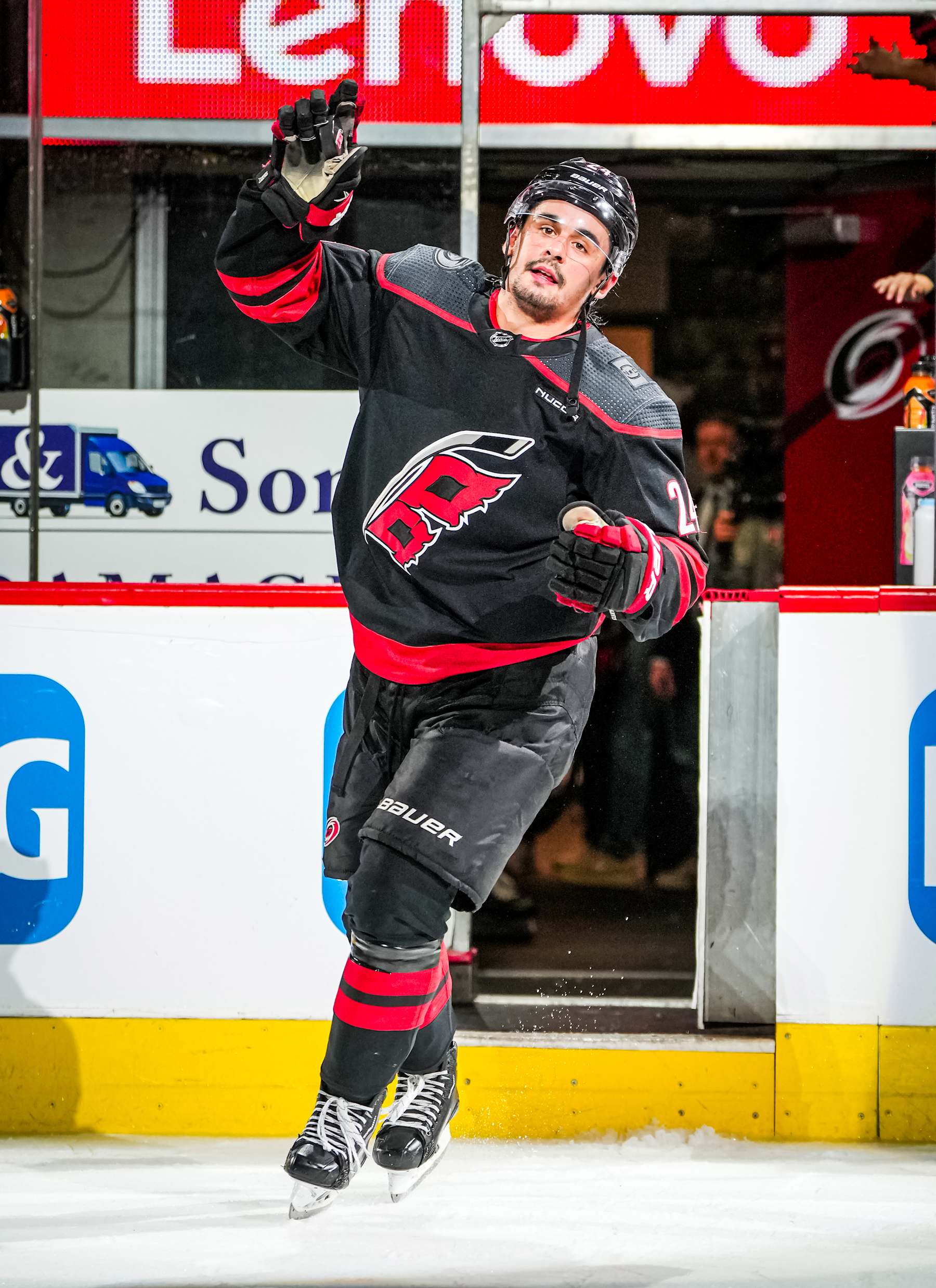RALEIGH, NORTH CAROLINA - APRIL 30:  Seth Jarvis #24 of the Carolina Hurricanes is recognized as one of the stars of the game after the victory against the New York Islanders in Game Five of the First Round of the 2024 Stanley Cup Playoffs at PNC Arena on April 30, 2024 in Raleigh, North Carolina. (Photo by Josh Lavallee/NHLI via Getty Images)
