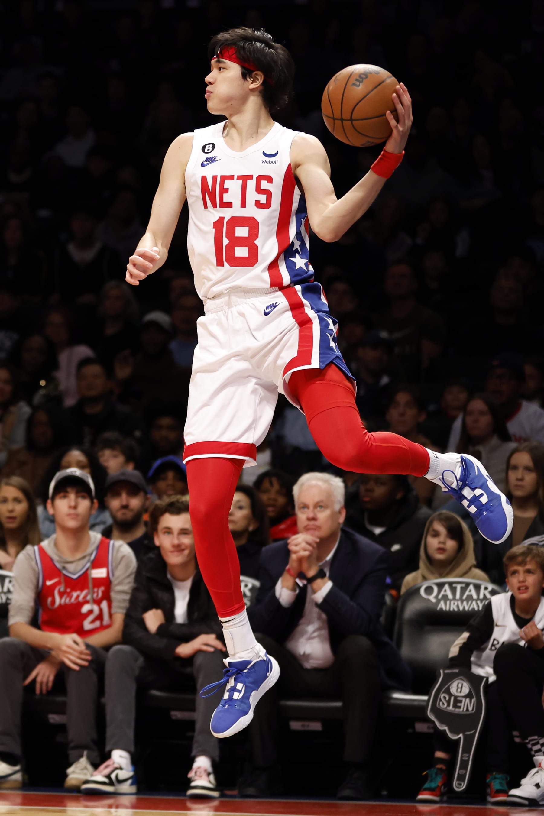 NEW YORK, NEW YORK - APRIL 09: Yuta Watanabe #18 of the Brooklyn Nets keeps the ball inbounds during the first half against the Philadelphia 76ers at Barclays Center on April 09, 2023 in the Brooklyn borough of New York City. (Photo by Sarah Stier/Getty Images)