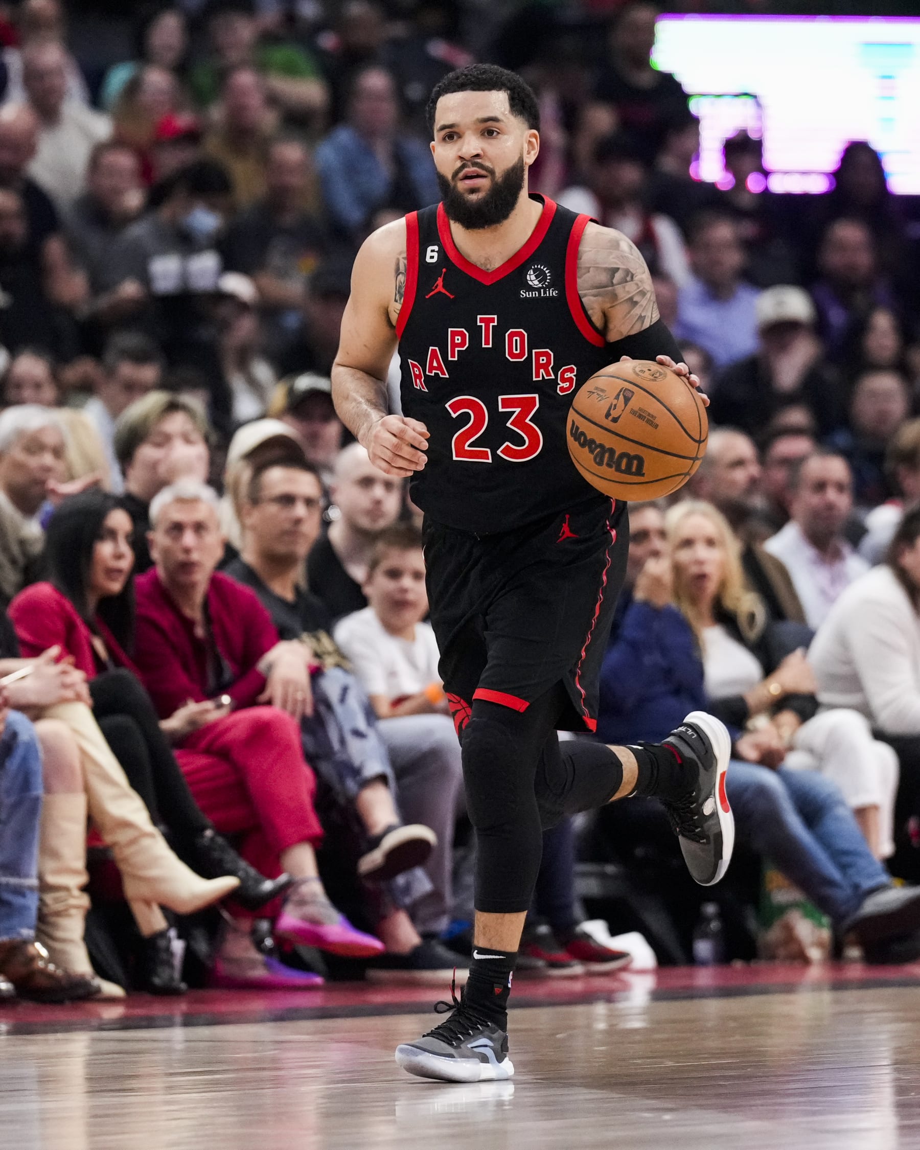 TORONTO, ON - APRIL 12: Fred VanVleet #23 of the Toronto Raptors dribbles the ball against the Chicago Bulls during the 2023 Play-In Tournament at the Scotiabank Arena on April 12, 2023 in Toronto, Ontario, Canada. NOTE TO USER: User expressly acknowledges and agrees that, by downloading and/or using this Photograph, user is consenting to the terms and conditions of the Getty Images License Agreement. (Photo by Andrew Lahodynskyj/Getty Images)