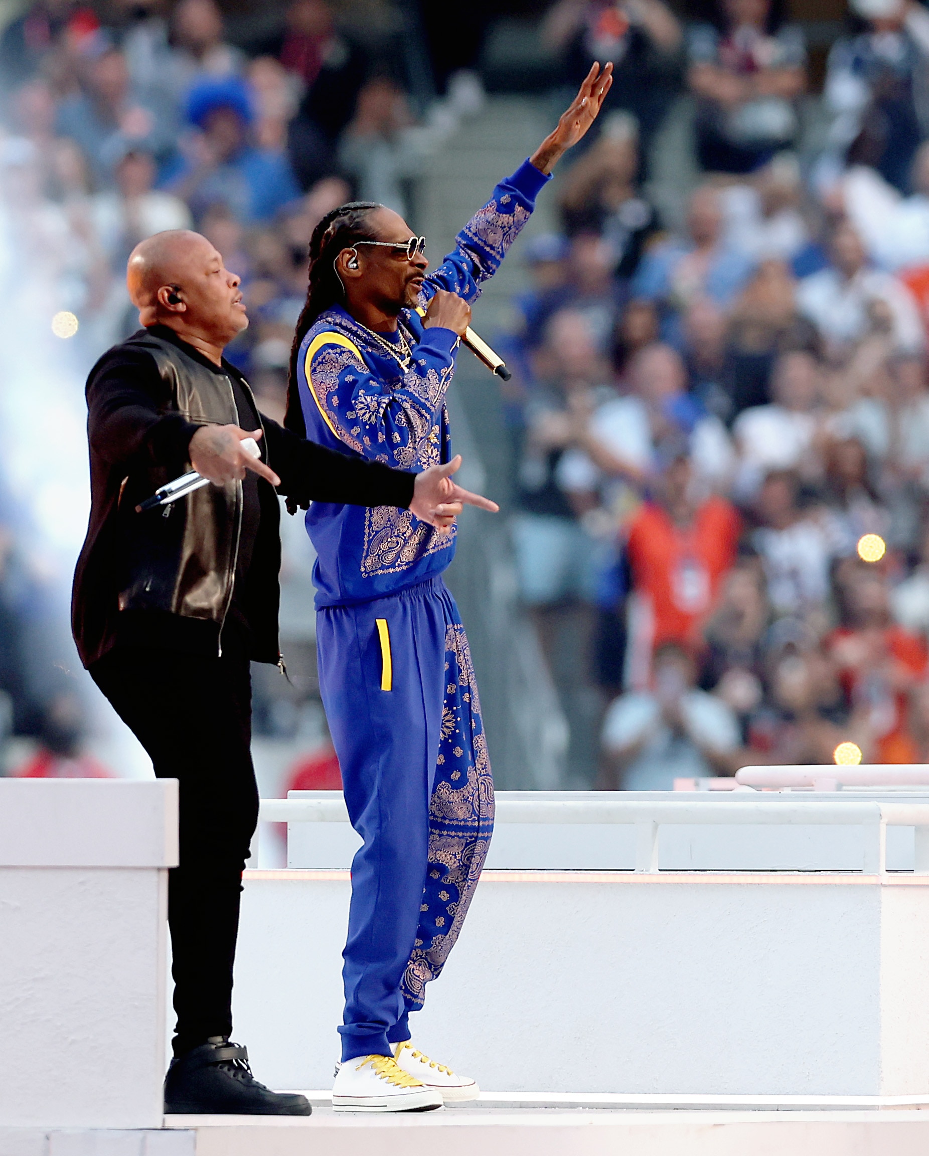 INGLEWOOD, CALIFORNIA - FEBRUARY 13: Dr. Dre and Snoop Dogg perform during the Pepsi Super Bowl LVI Halftime Show at SoFi Stadium on February 13, 2022 in Inglewood, California. (Photo by Rob Carr/Getty Images)