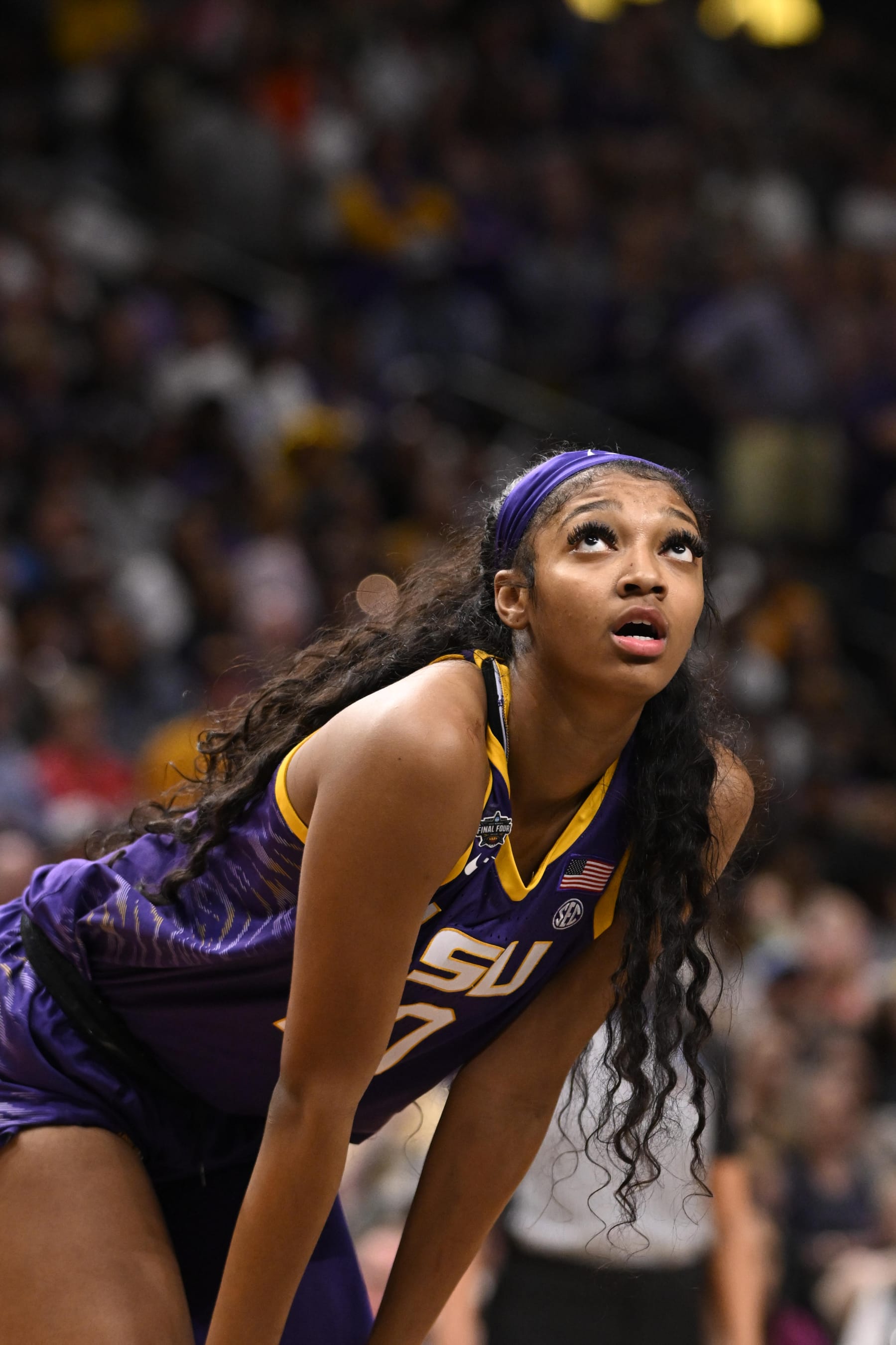 College Basketball: NCAA Finals: Closeup of LSU Angel Reese (10) during game vs Iowa at American Airlines Arena
Dallas, TX 4/2/2023
CREDIT: Greg Nelson (Photo by Greg Nelson /Sports Illustrated via Getty Images) 
(Set Number: X164332 TK2)