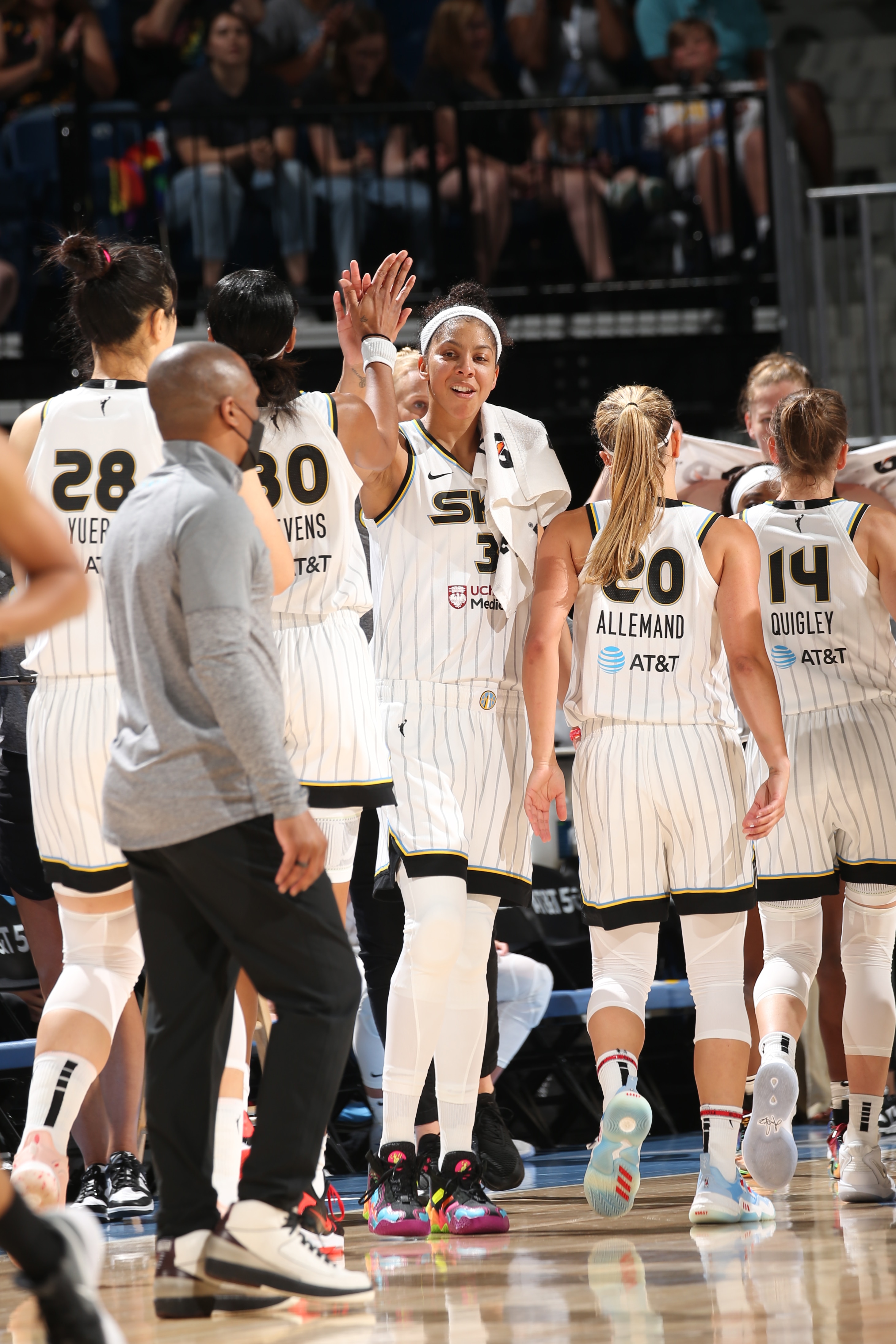 CHICAGO, IL - JULY 2: Candace Parker #3 of the Chicago Sky smiles during the game against the Phoenix Mercury on July 2, 2022 at the Wintrust Arena in Chicago, Illinois. NOTE TO USER: User expressly acknowledges and agrees that, by downloading and or using this photograph, user is consenting to the terms and conditions of the Getty Images License Agreement.  Mandatory Copyright Notice: Copyright 2022 NBAE (Photo by Gary Dineen/NBAE via Getty Images)