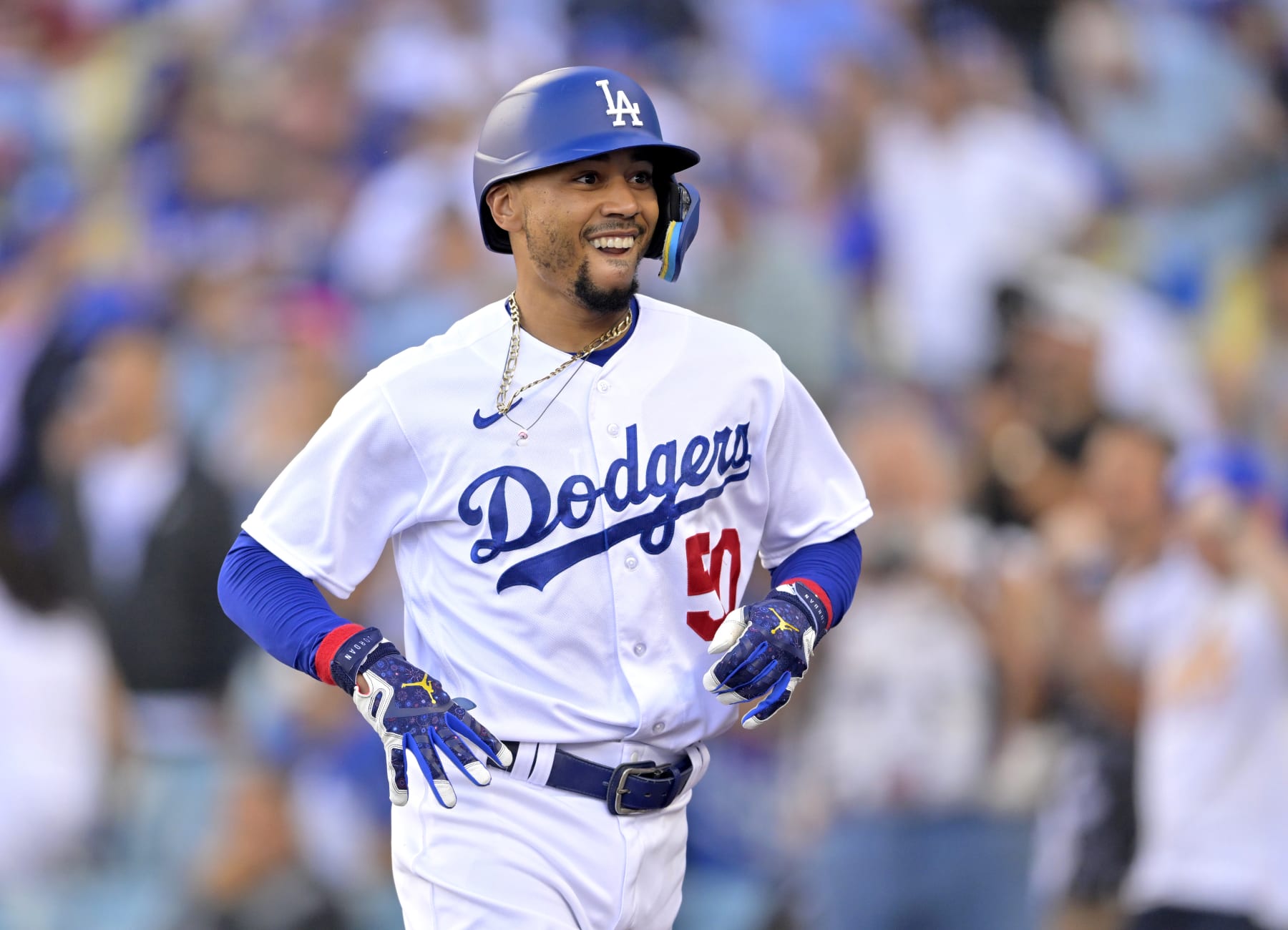 LOS ANGELES, CALIFORNIA - JULY 4: Mookie Betts #50 of the Los Angeles Dodgers rounds the bases after hitting a solo home run in the second inning against the Pittsburgh Pirates at Dodger Stadium on July 4, 2023 in Los Angeles, California. (Photo by Jayne Kamin-Oncea/Getty Images)